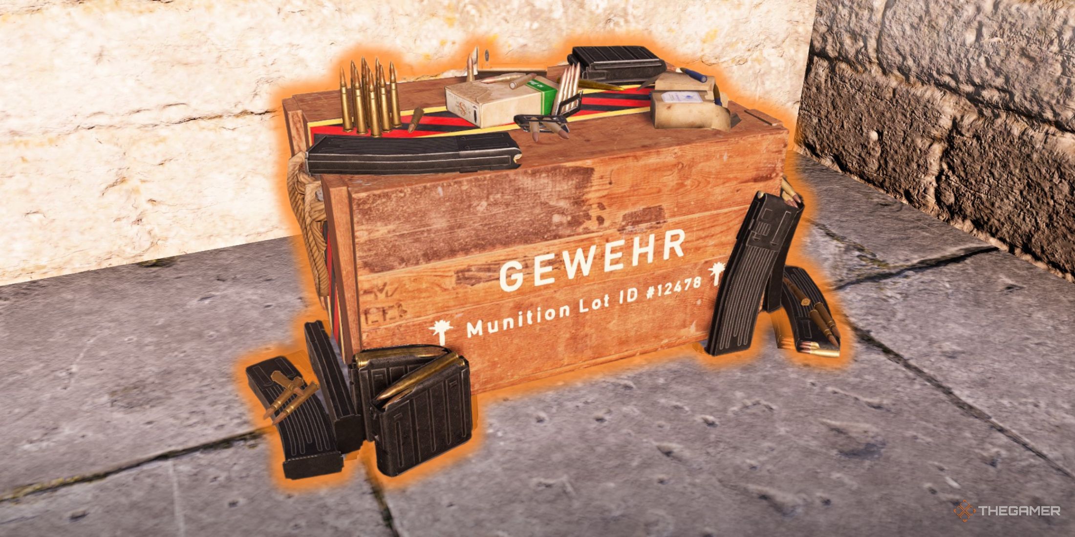 A photo of a ammo box with an orange glow in Sniper Elite Resistance.