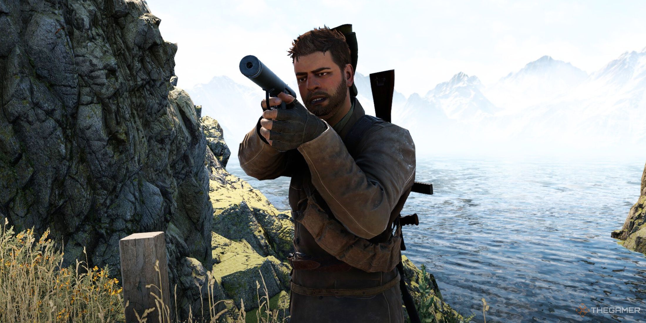 A photoof the main character in Sniper Elite Rivals aiming a gun.