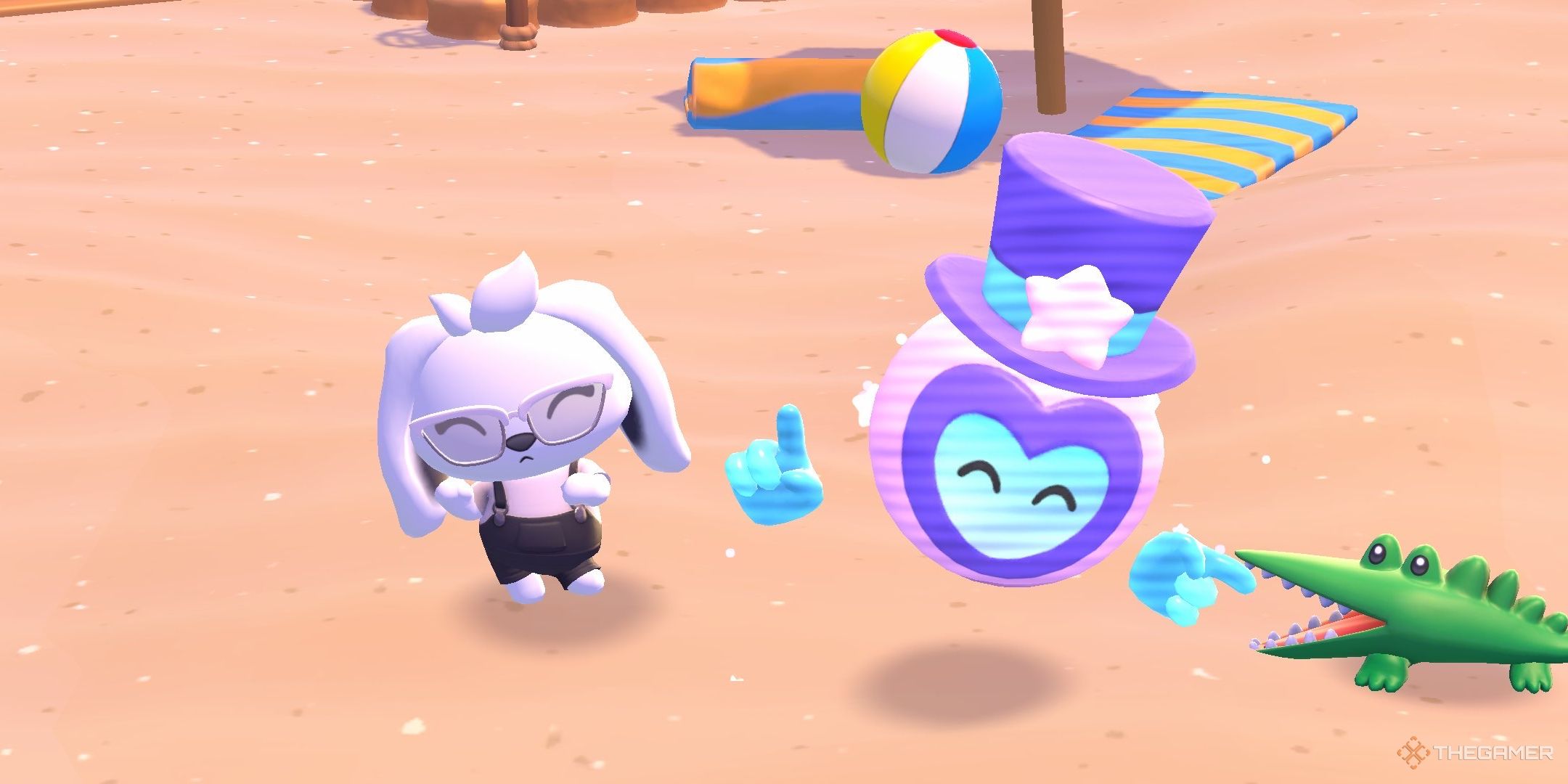 A player and Tophat posing together in Hello Kitty Island Adventure.