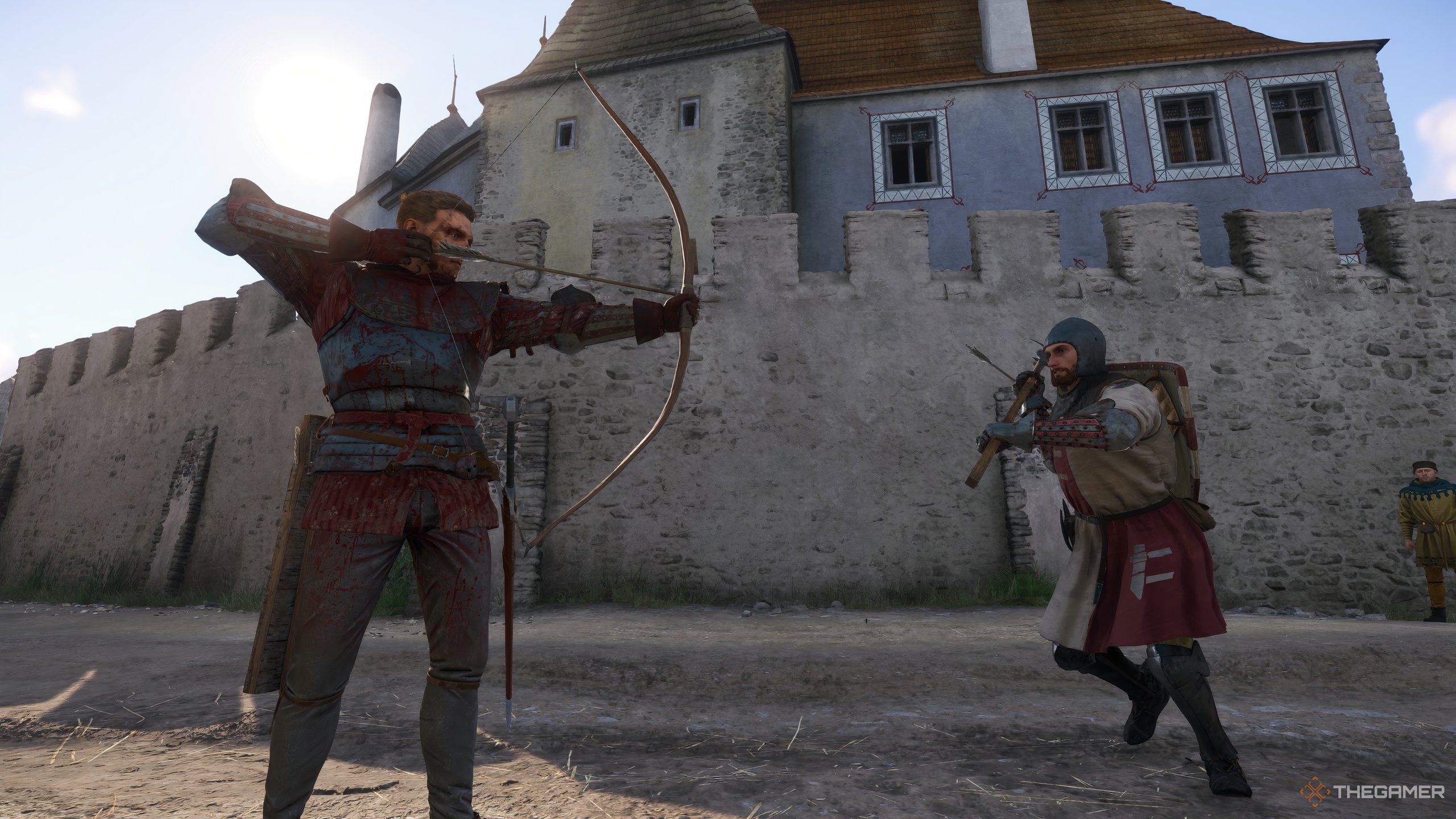 A player attacking a guard with a bow in kingdom come deliverance 2.