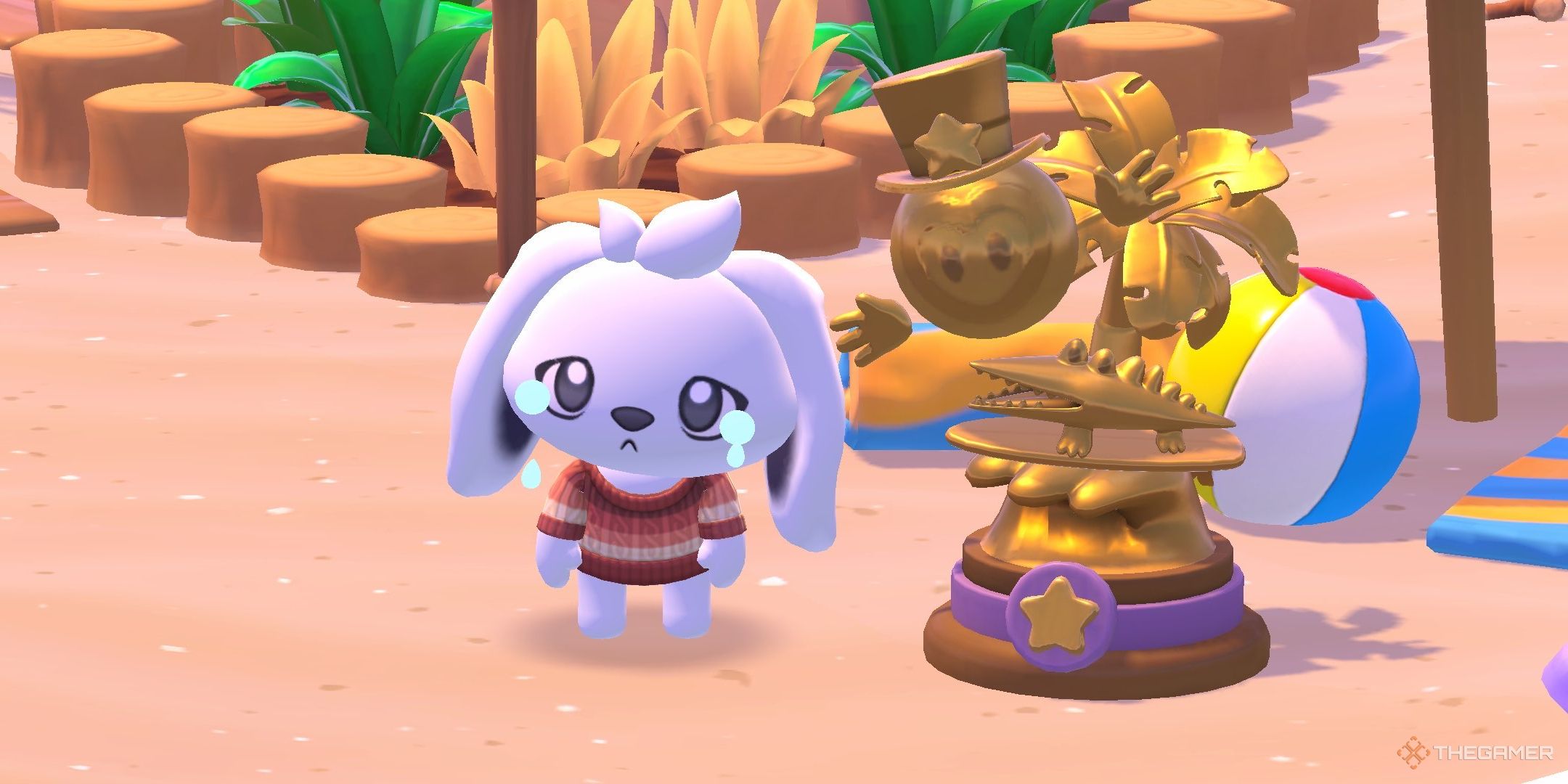 A player crying next to a statue in Hello Kitty Island Adventure.