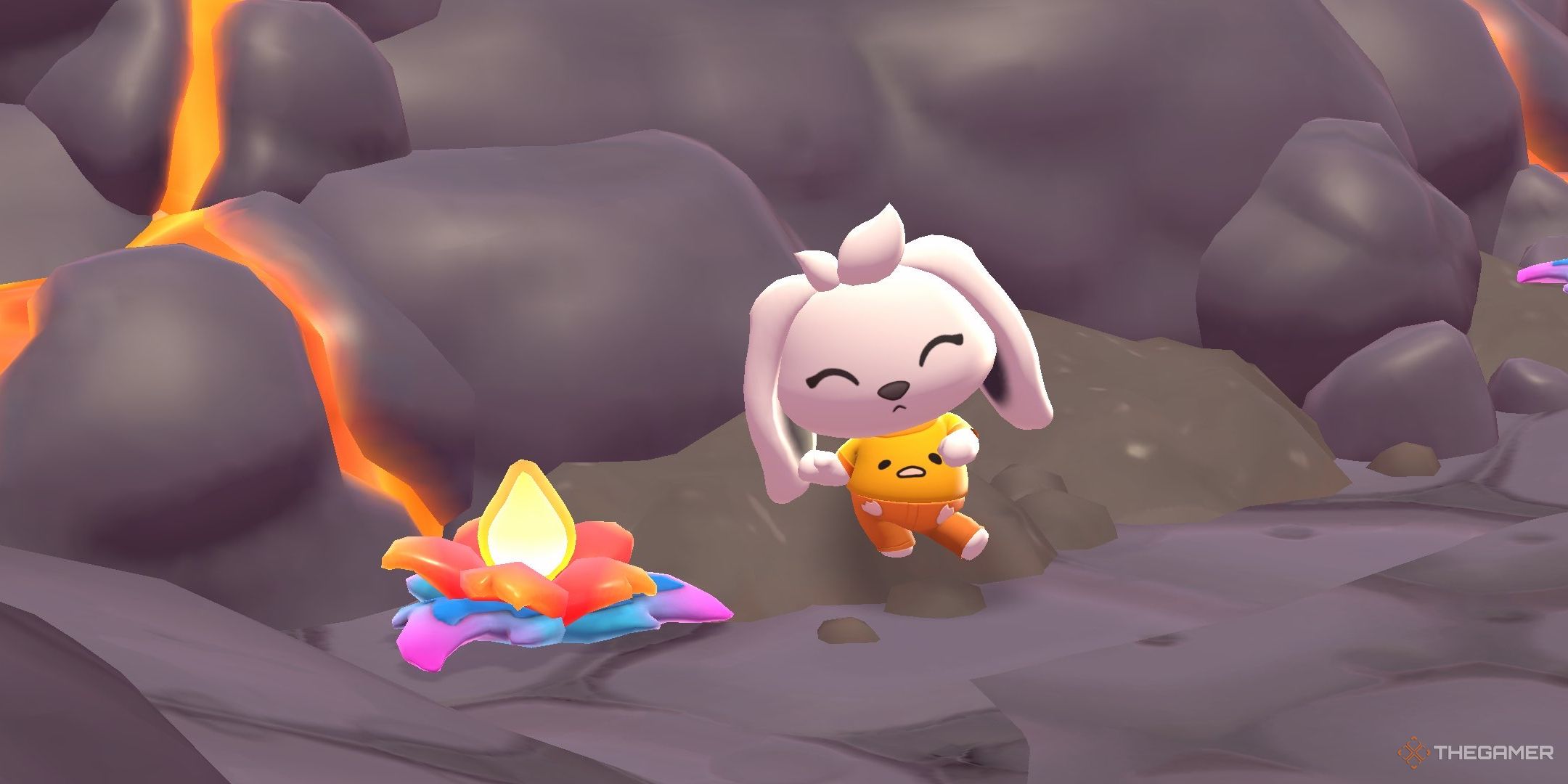 A player dancing next to a Magma Bloom in Hello Kitty Island Adventure.