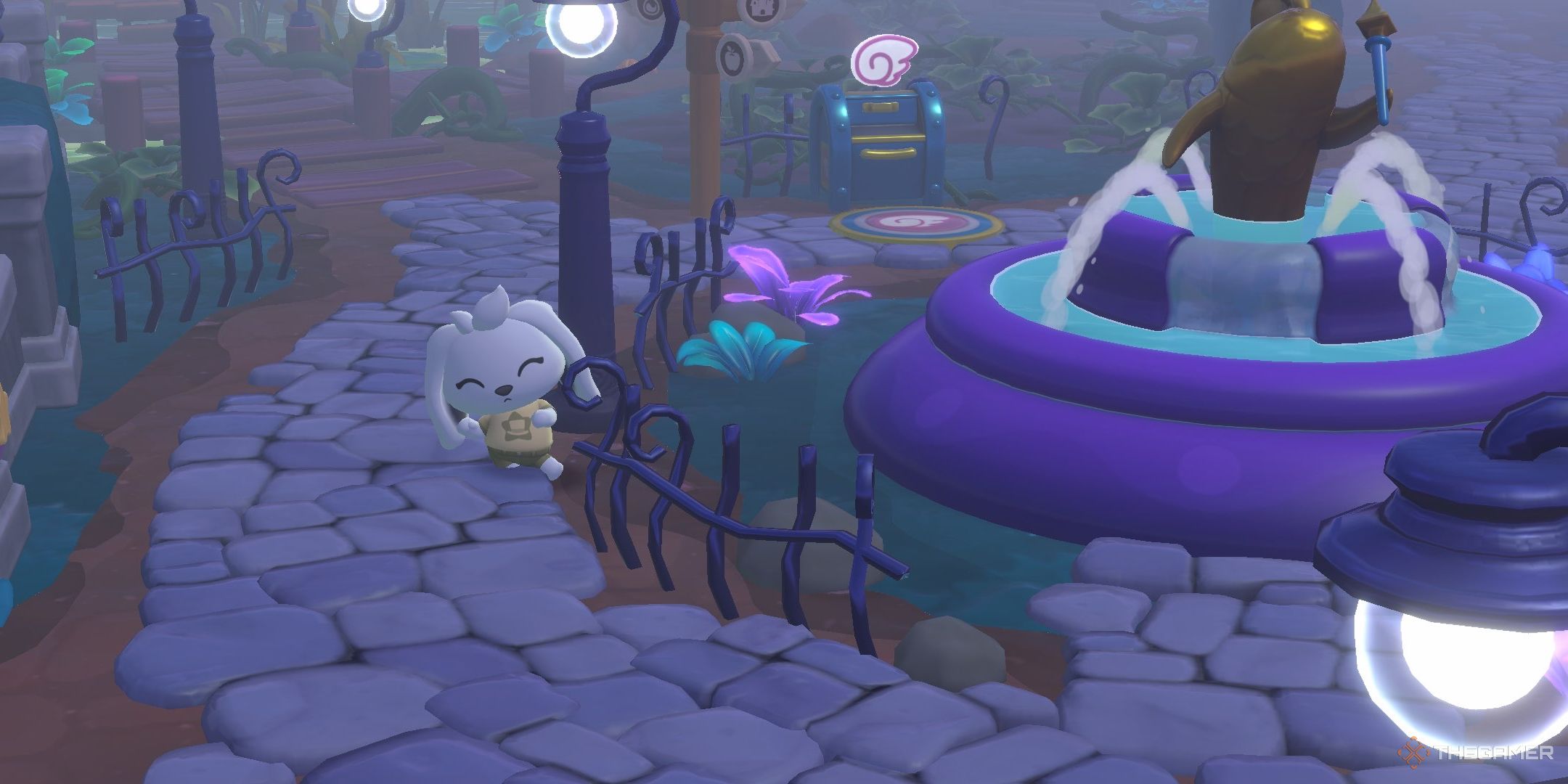 A player danching next to the fwishing well in Hello Kitty Island Adventure.