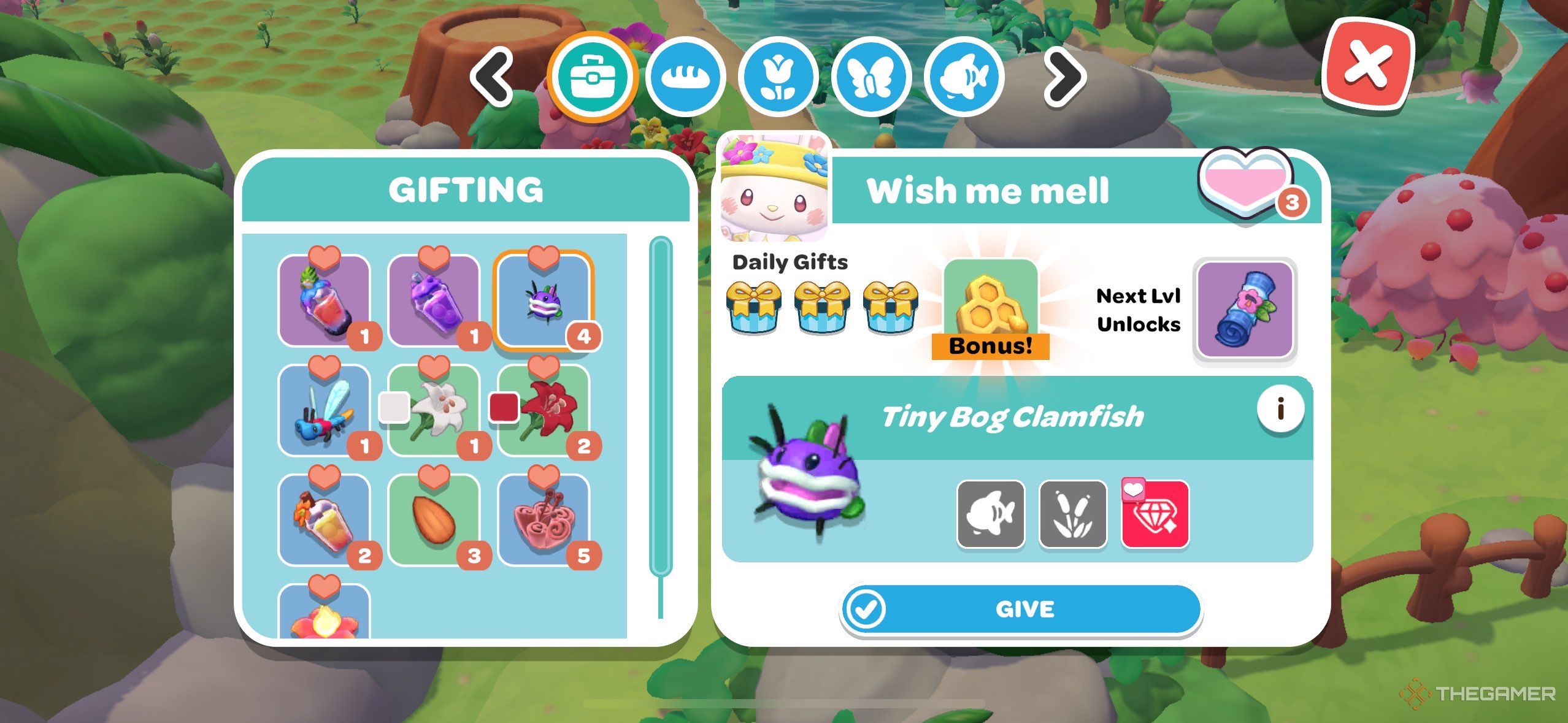 A player giving gifts to Wish Me Mell in Hello Kitty Island Adventure.