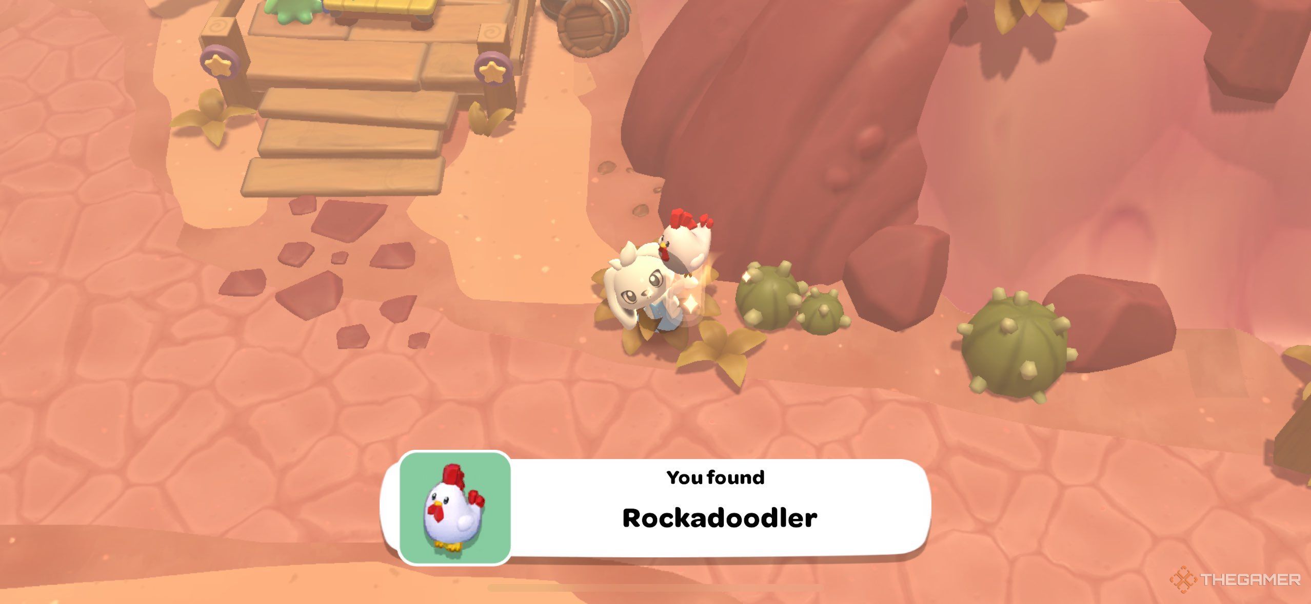 A player holding up a Rockadoodler in Hello Kitty Island Adventure.