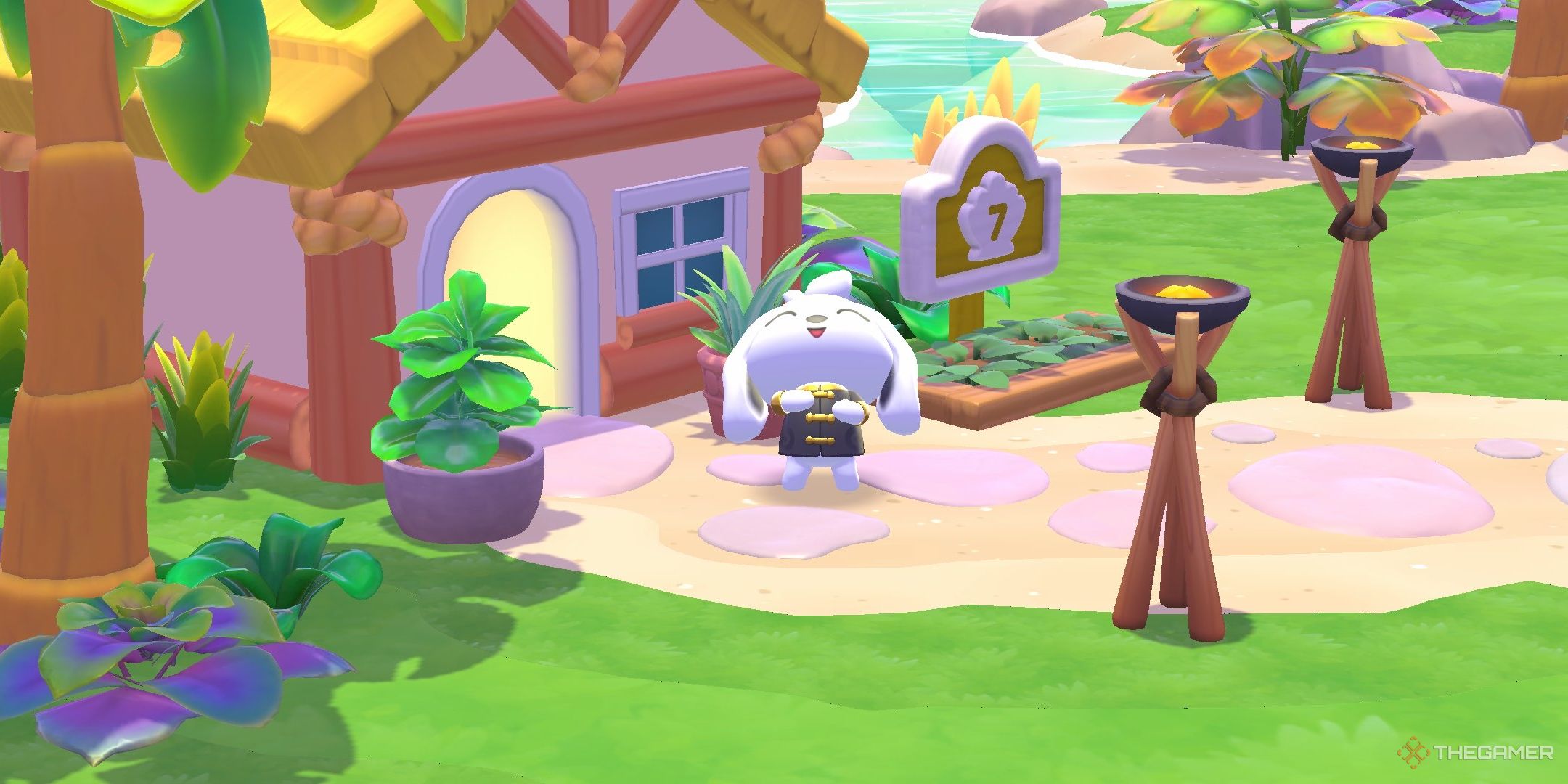 A player laughing next to a cabin in Hello Kitty Island Adventure.