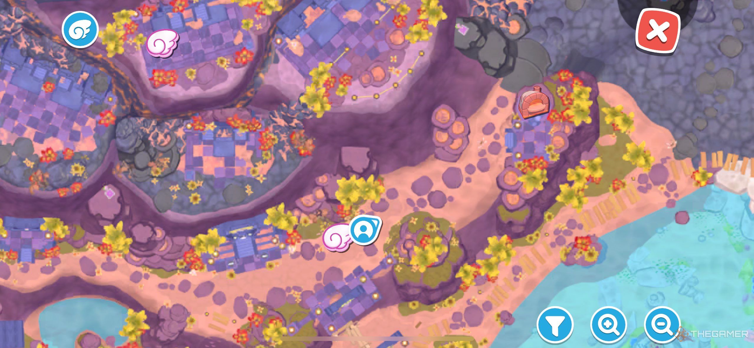 A player looking at the map zoomed in on the pizza oven in Hello Kitty Island Adventure.