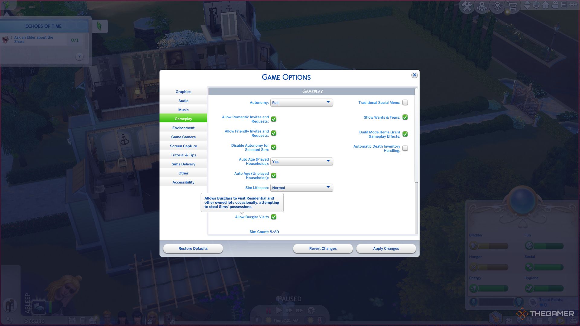 A player looking at the option to turn off burglars in The Sims 4.