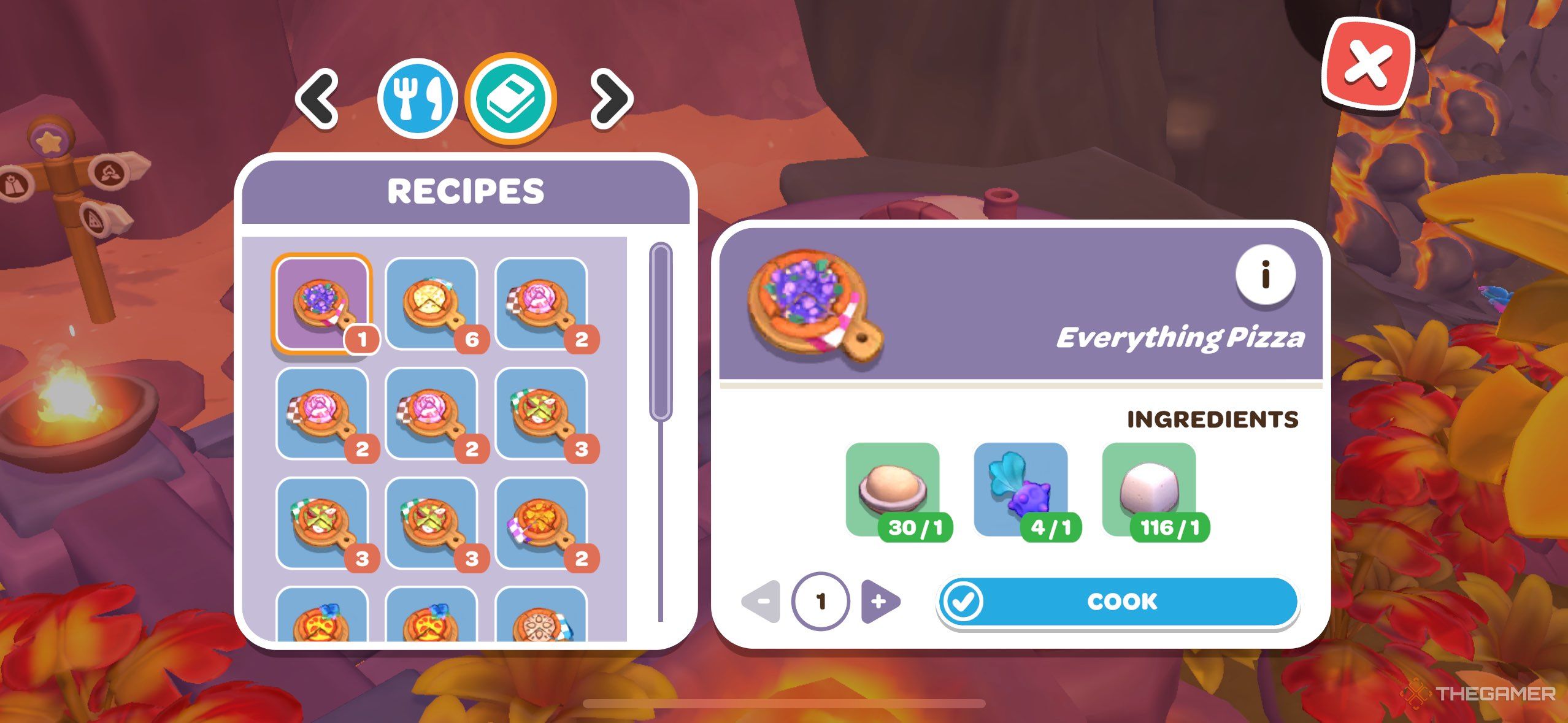 A player looking at the recipe for everything pizza in Hello Kitty Island Adventure.