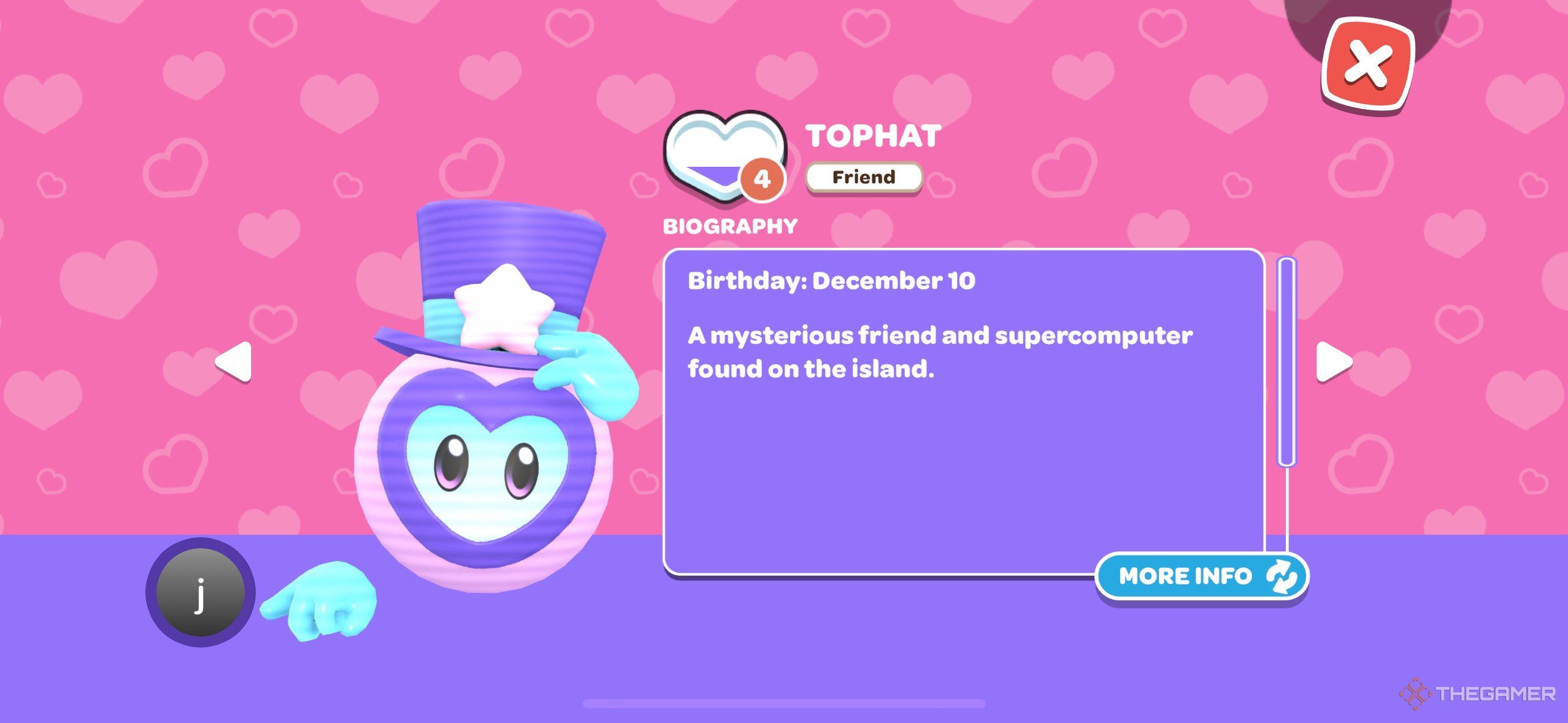 A player looking at Tophat's bio in Hello Kitty Island Adventure.