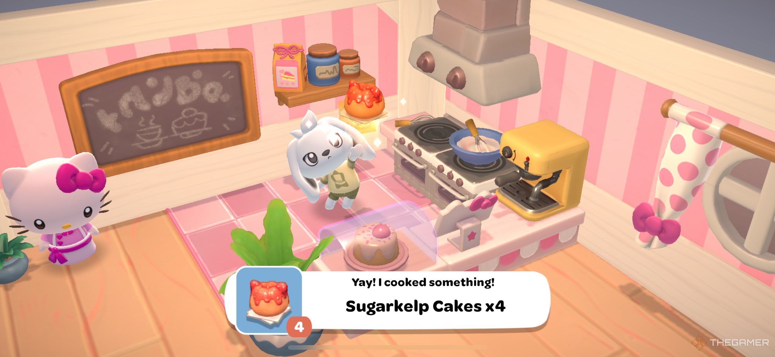 A player making Sugarkelp Cakes in Hello Kitty Island Adventure.