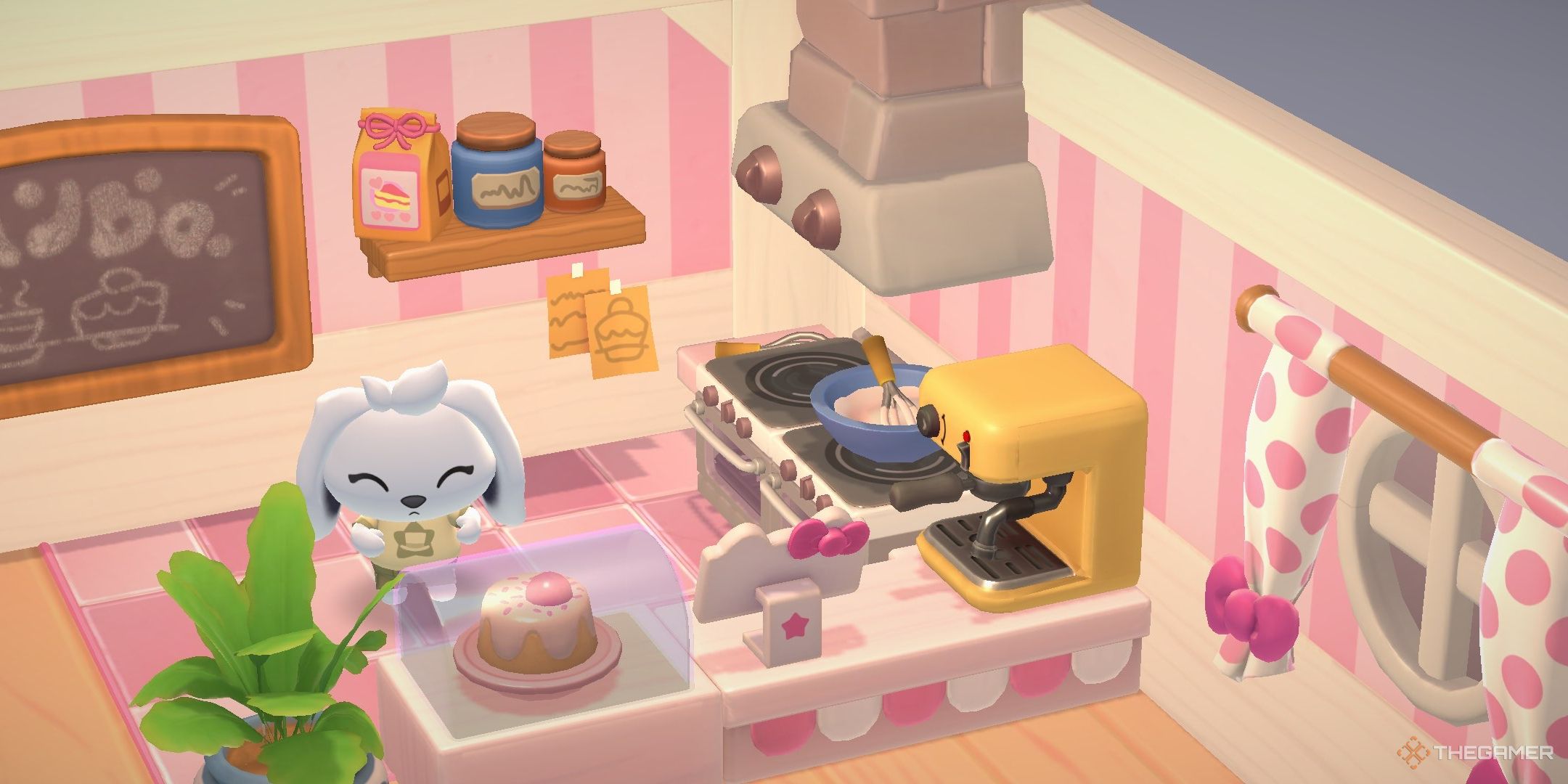 A player posing next to Hello Kitty's oven in Hello Kitty Island Adventure.