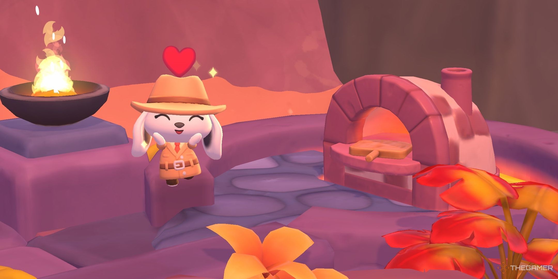 A player posing next to the pizza oven in Hello Kitty Island Adventure.