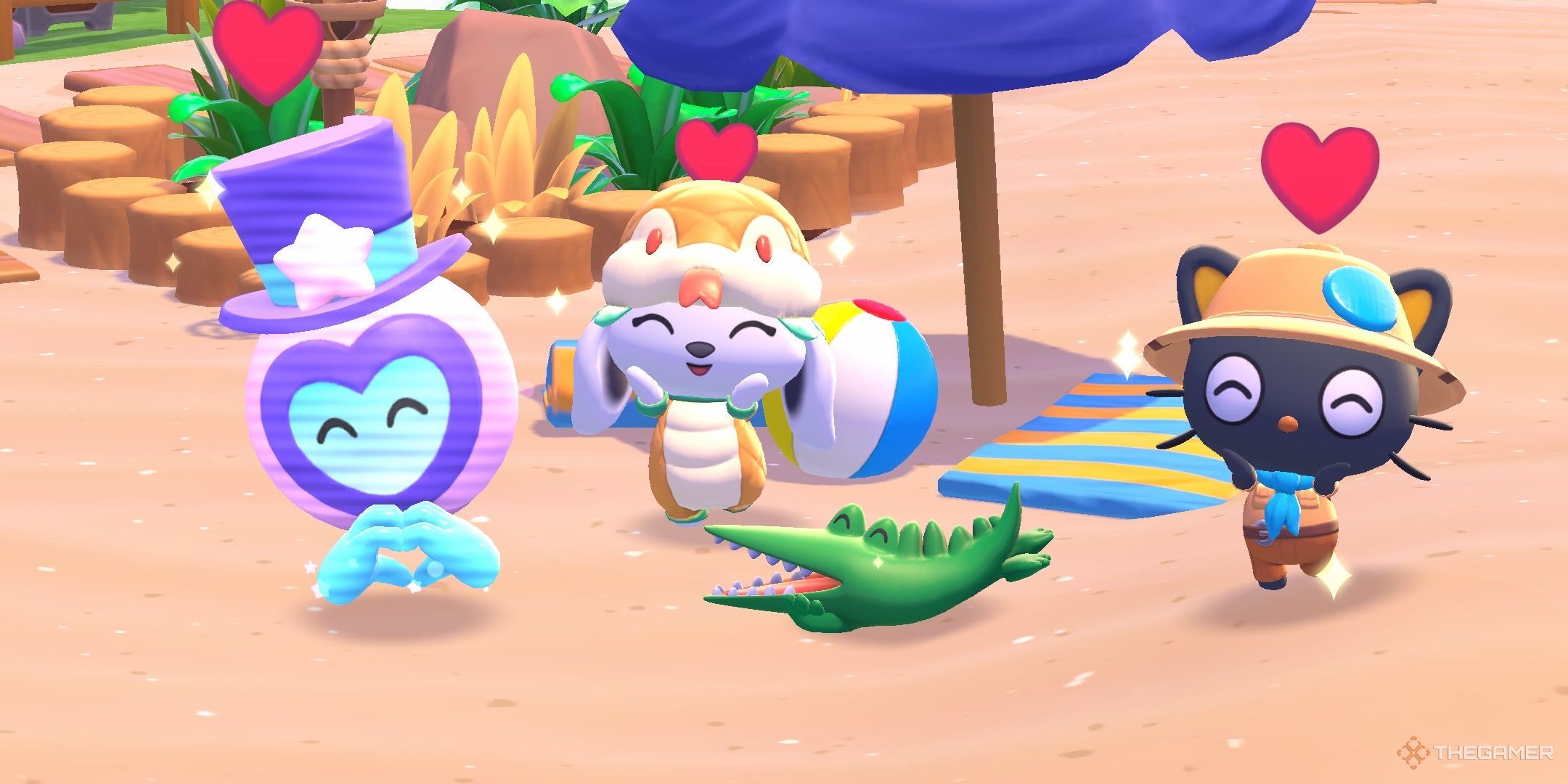 A player posing with Tophat, Big Challenges, and Chococat in Hello Kitty Island Adventure.