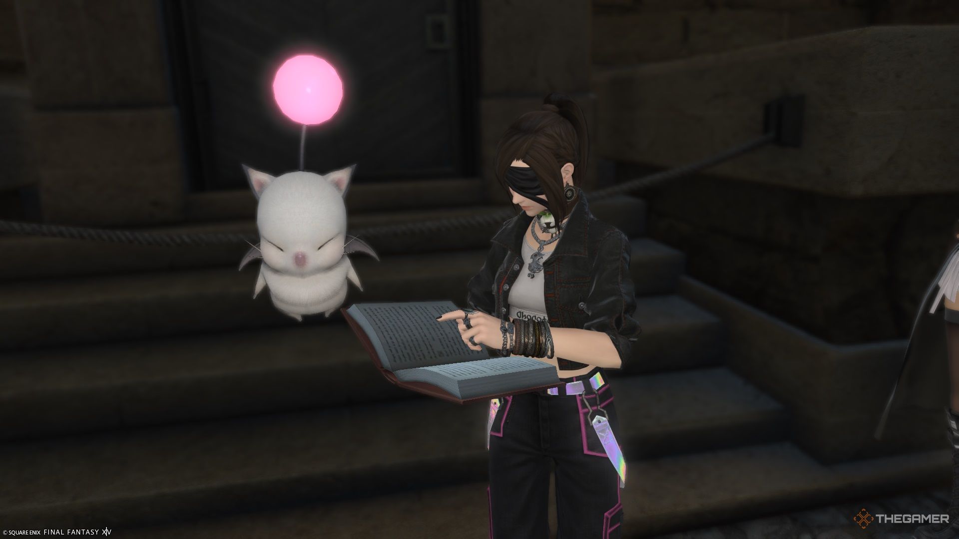 A player reading a book beside a moogle in Final Fantasy 14.