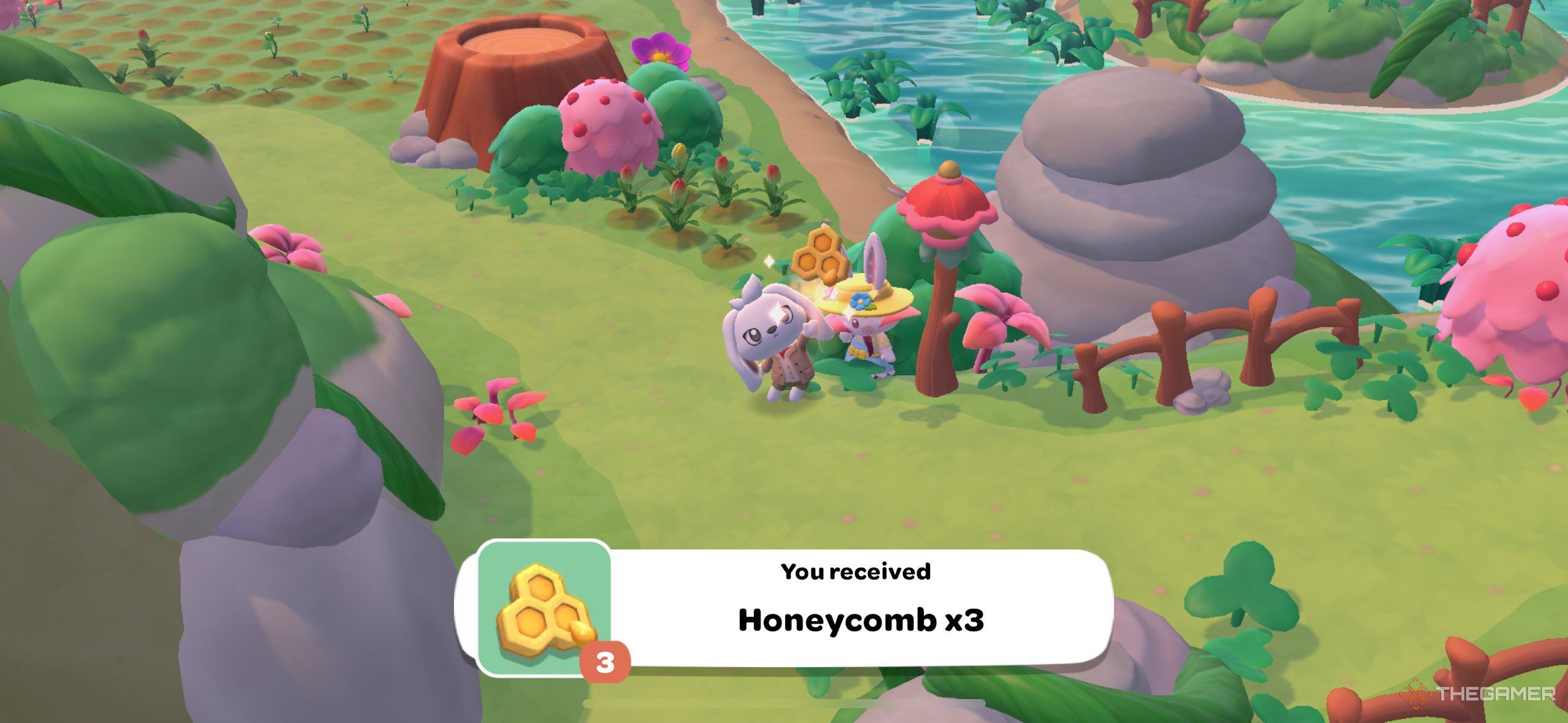 A player recieving honeycomb in Hello Kitty Island Adventure.