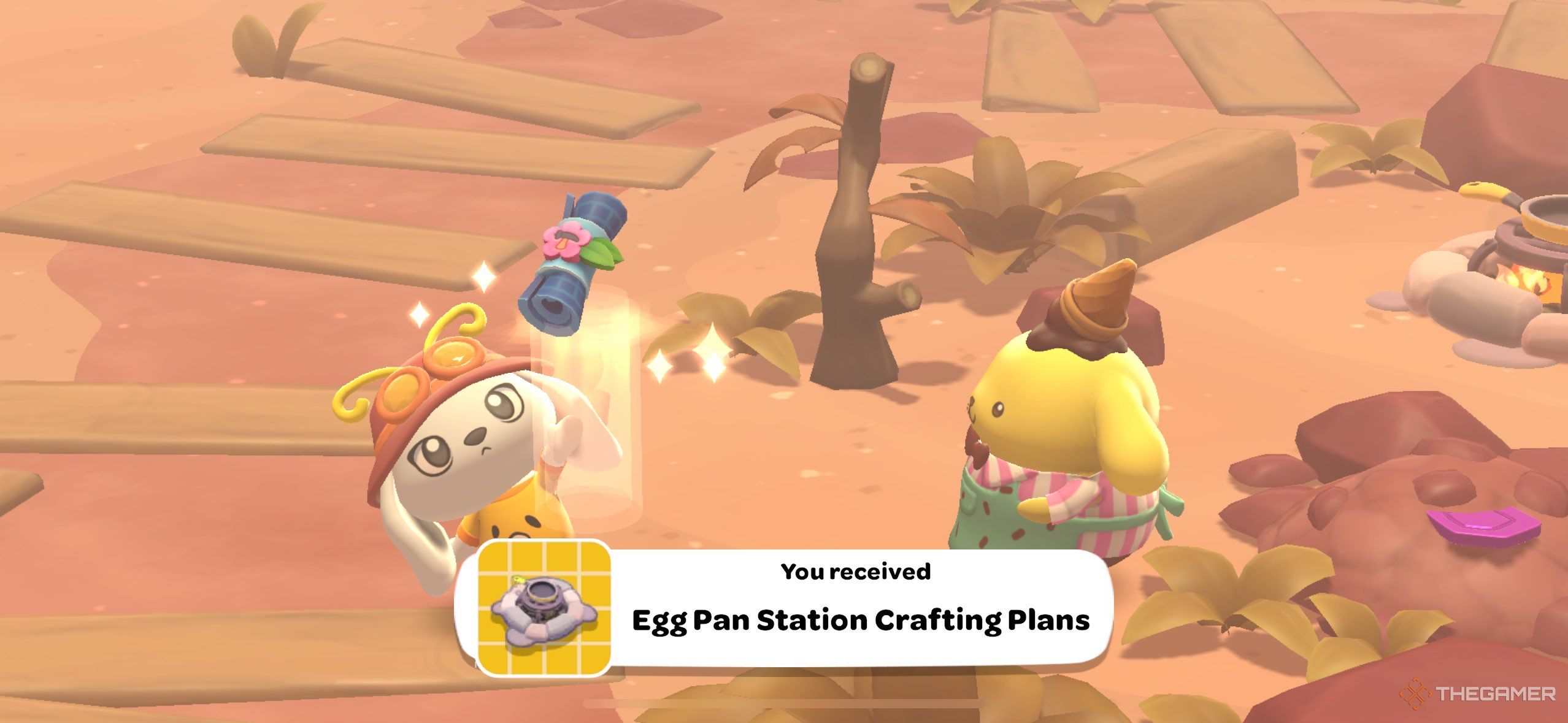 A player recieving the egg pan crafting plan in Hello Kitty Island Adventure.