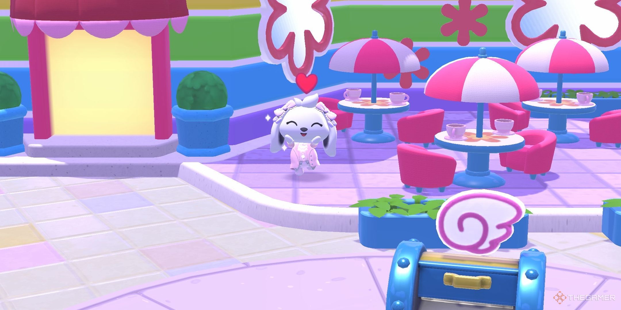 A player smiling at the Imagination Cafe in Hello Kitty Island Adventure.