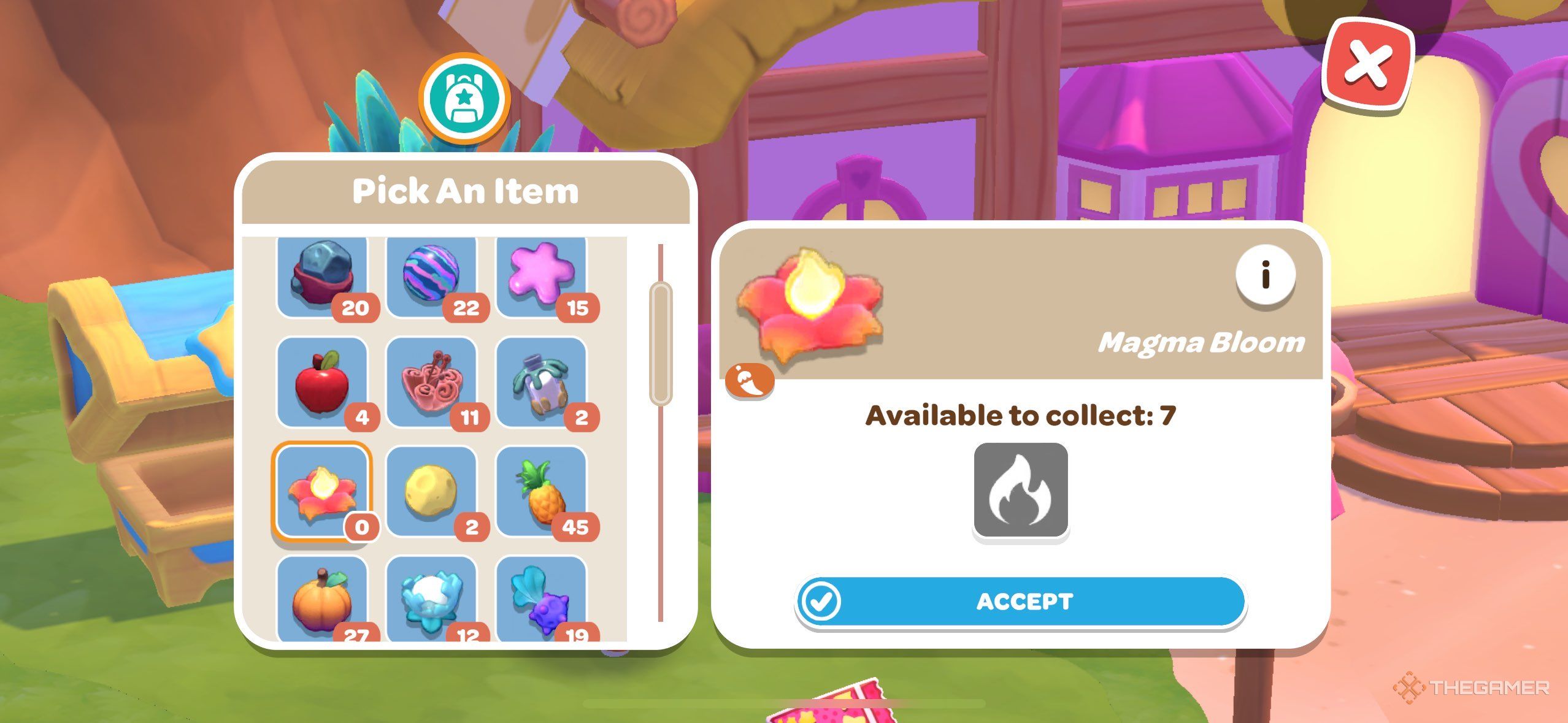 A player standing selecting the Nul collection item as a Magma Bloom in Hello Kitty Island Adventure.