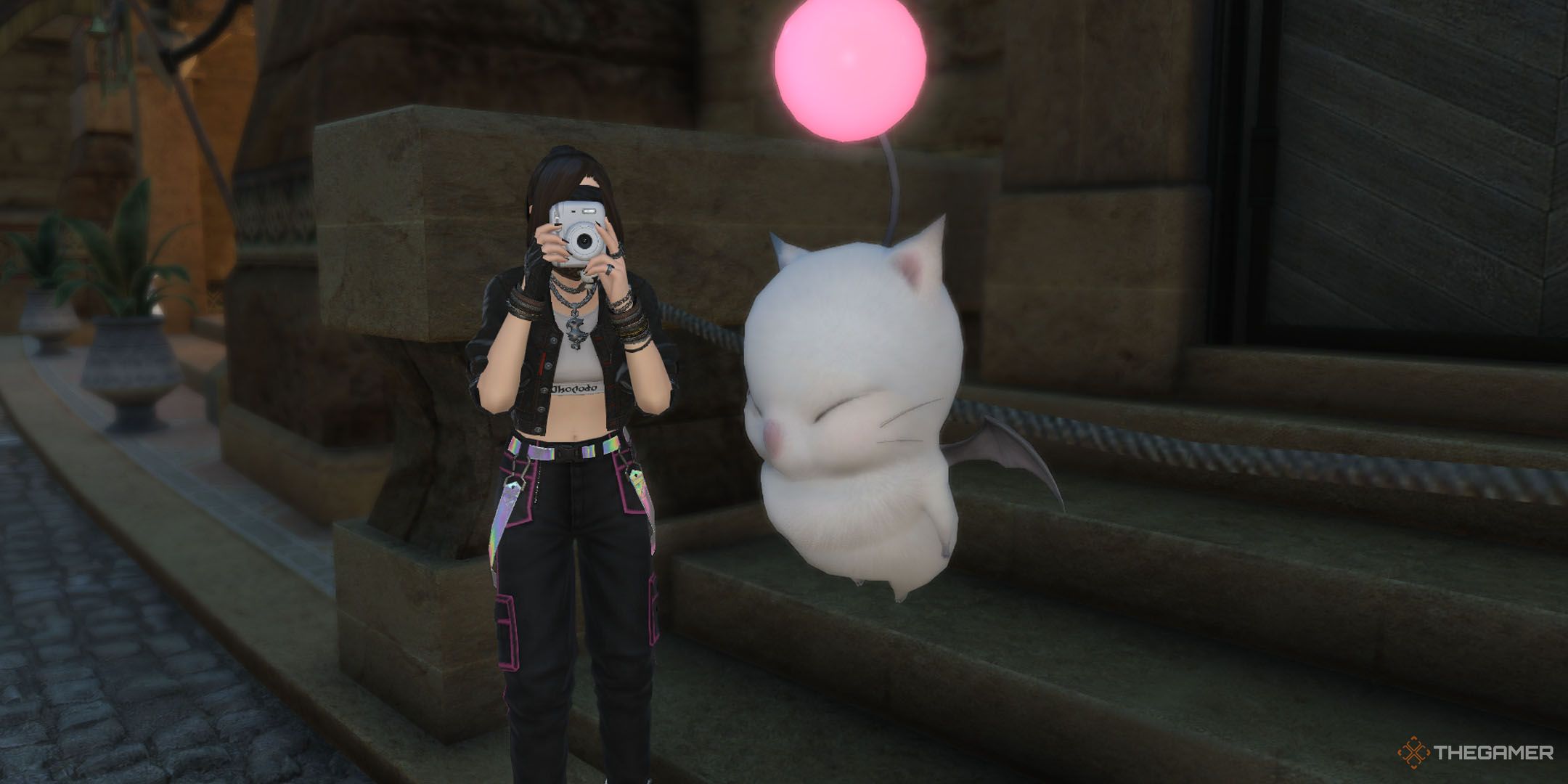 A player taking a photo of a moogle in Final Fantasy 14.