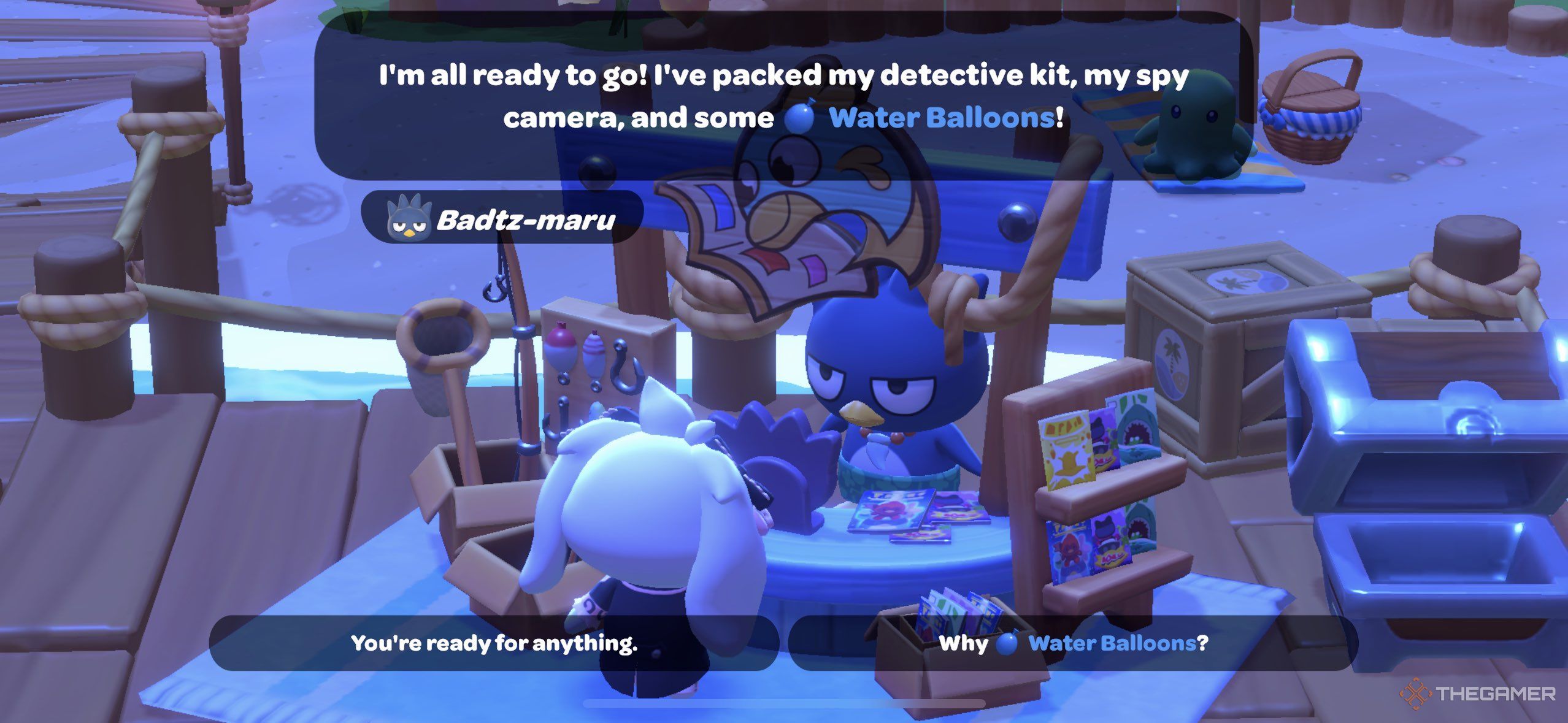 A player talking with Badtz-maru about water balloons in Hello Kitty Island Adventure.