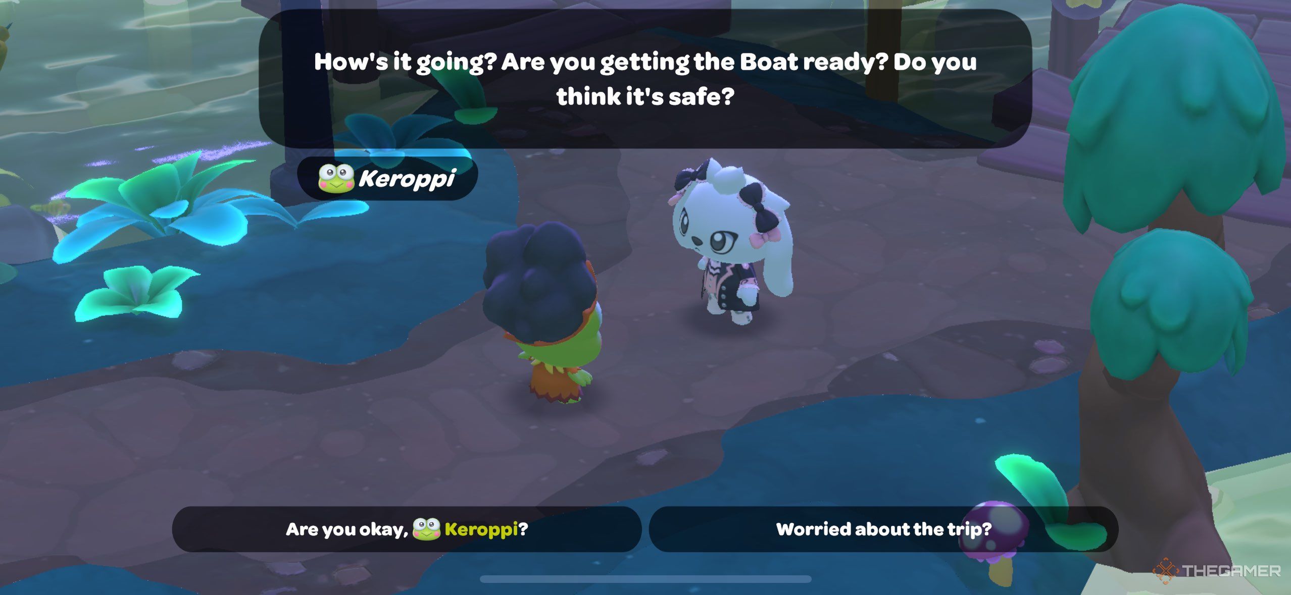 A player telling Keroppi that it's time to leave in Hello Kitty Island Adventure.