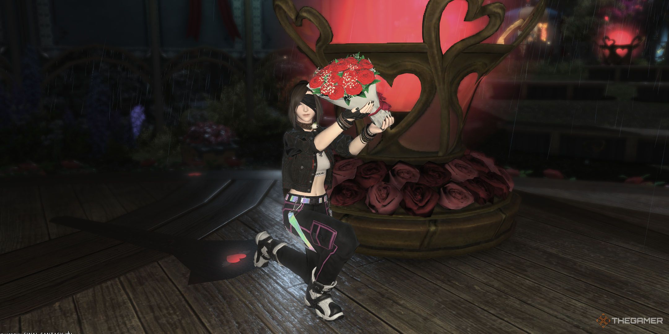 A player using the bouquet emote in Final Fantasy 14.