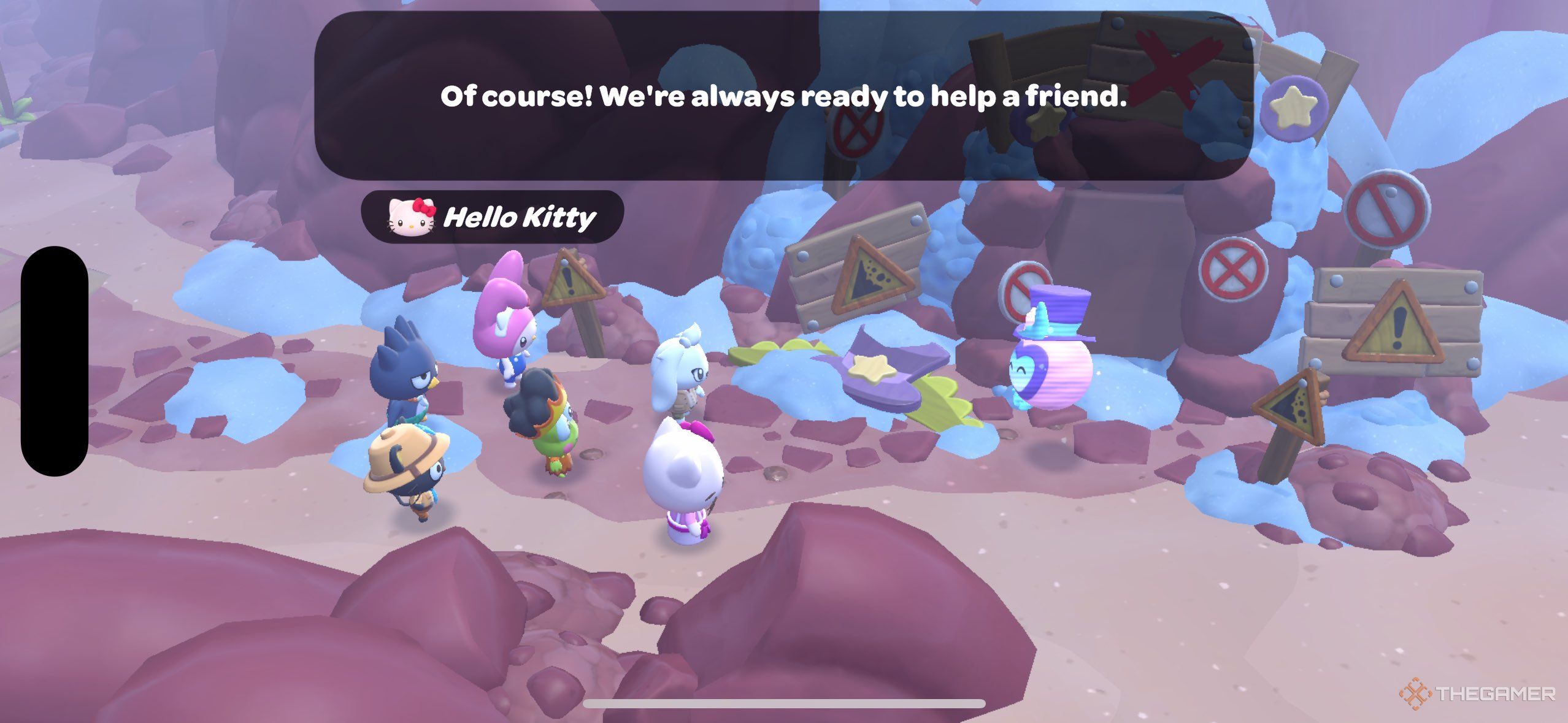 A player with a group of characters talking to Tophat in Hello Kitty Island Adventure.