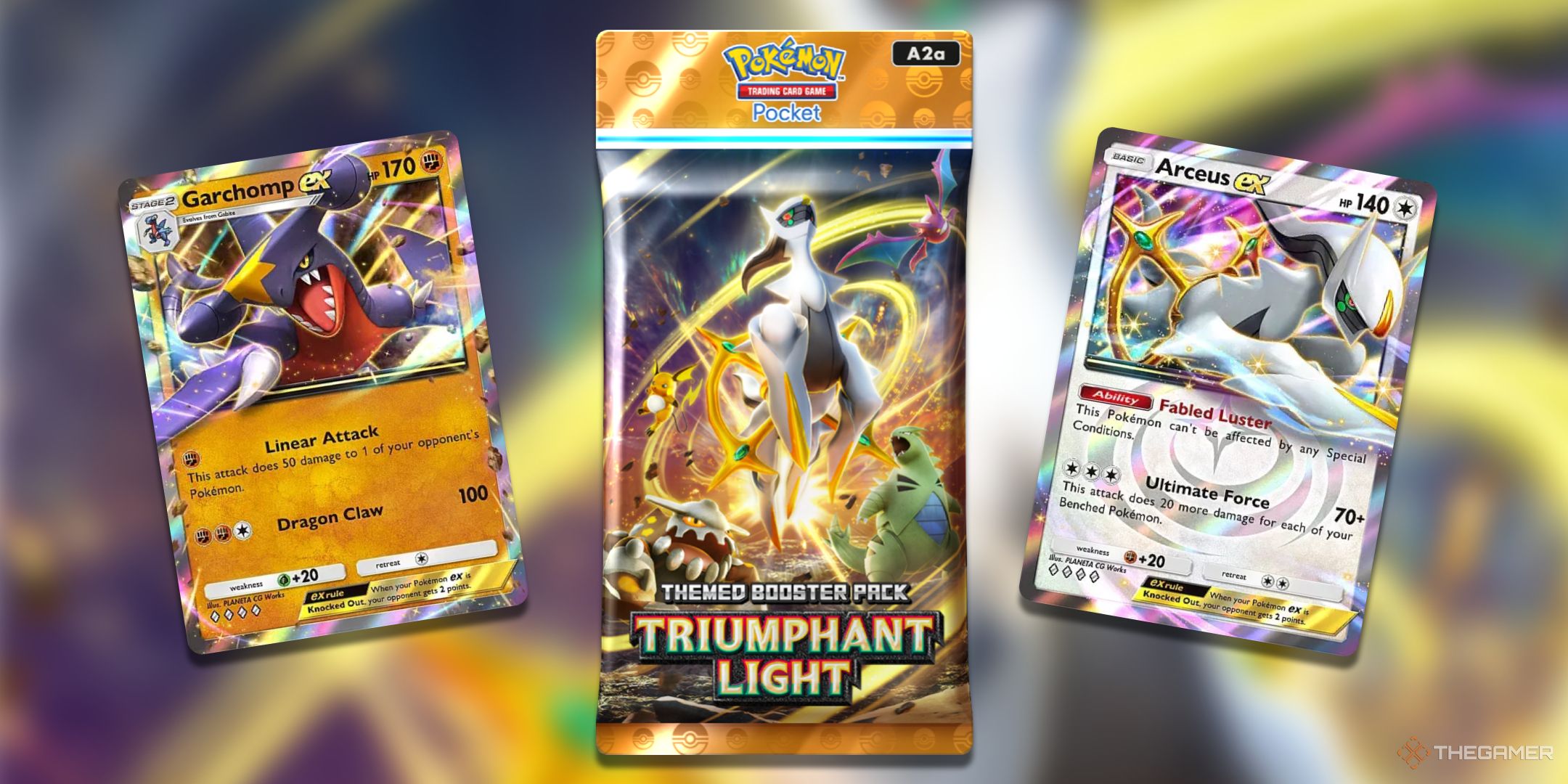 A Pokemon TCG Pocket Triumphant Light booster pack surrounded by competitive cards from the set such as Arceus ex and Garchomp ex.