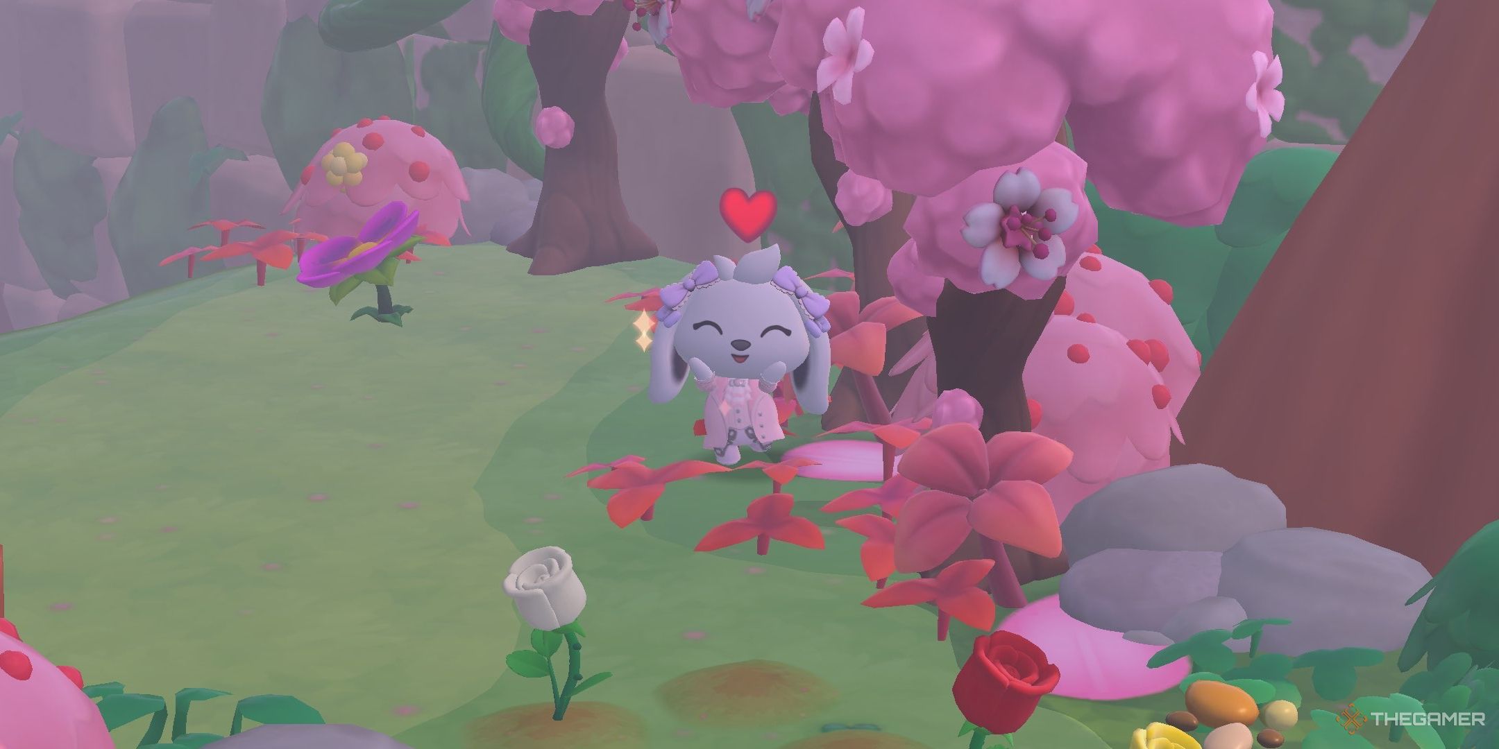 A posing next to sakura in Hello Kitty Island Adventure.