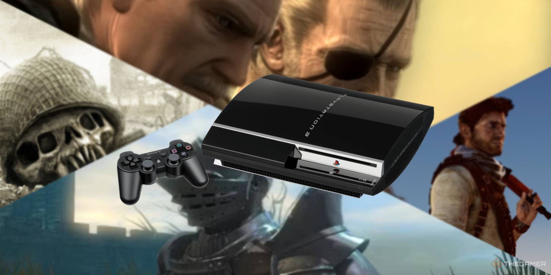 A ps3 overlaid on a blurred background of its games