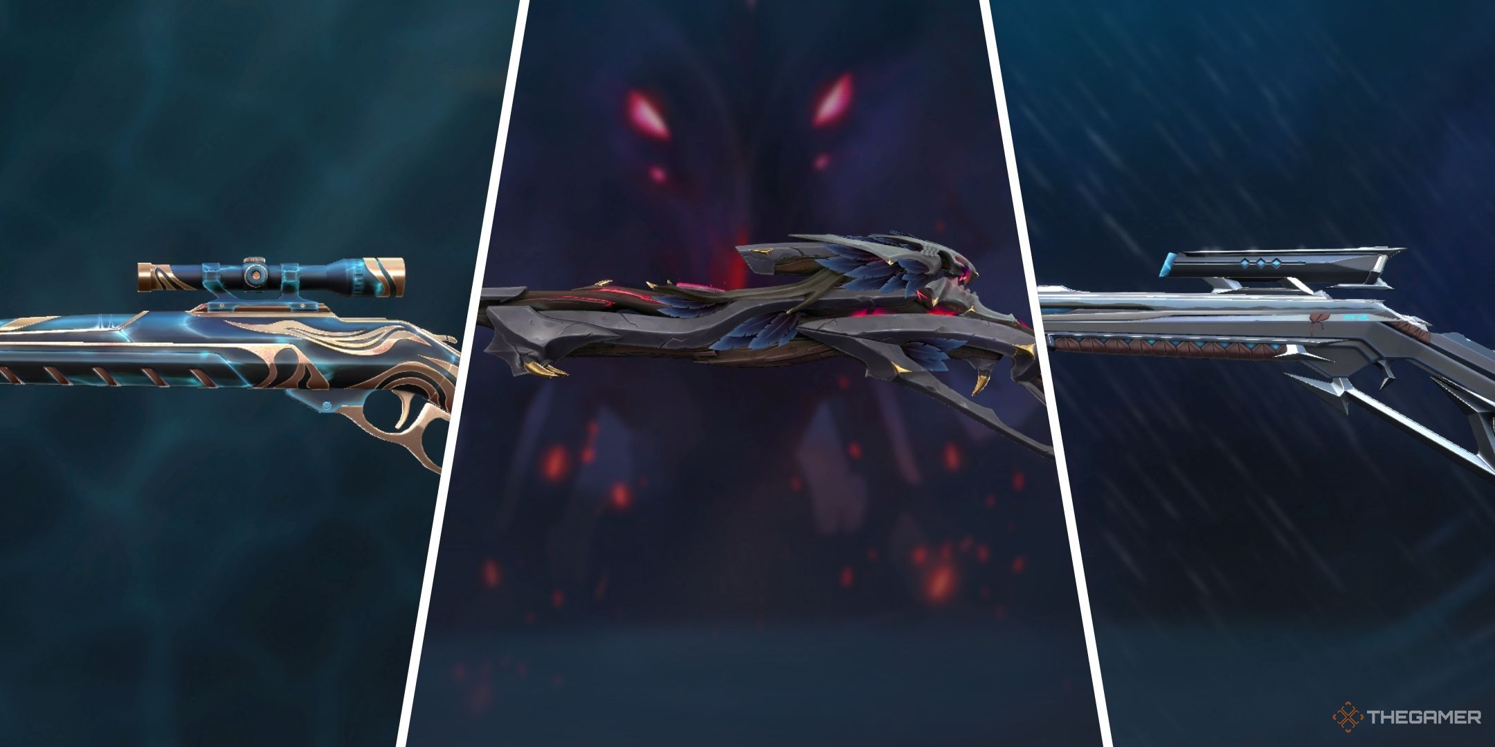 A side view of three Marshal Skins — Luna, Nocturnum, and Kuronami —? in Valorant?