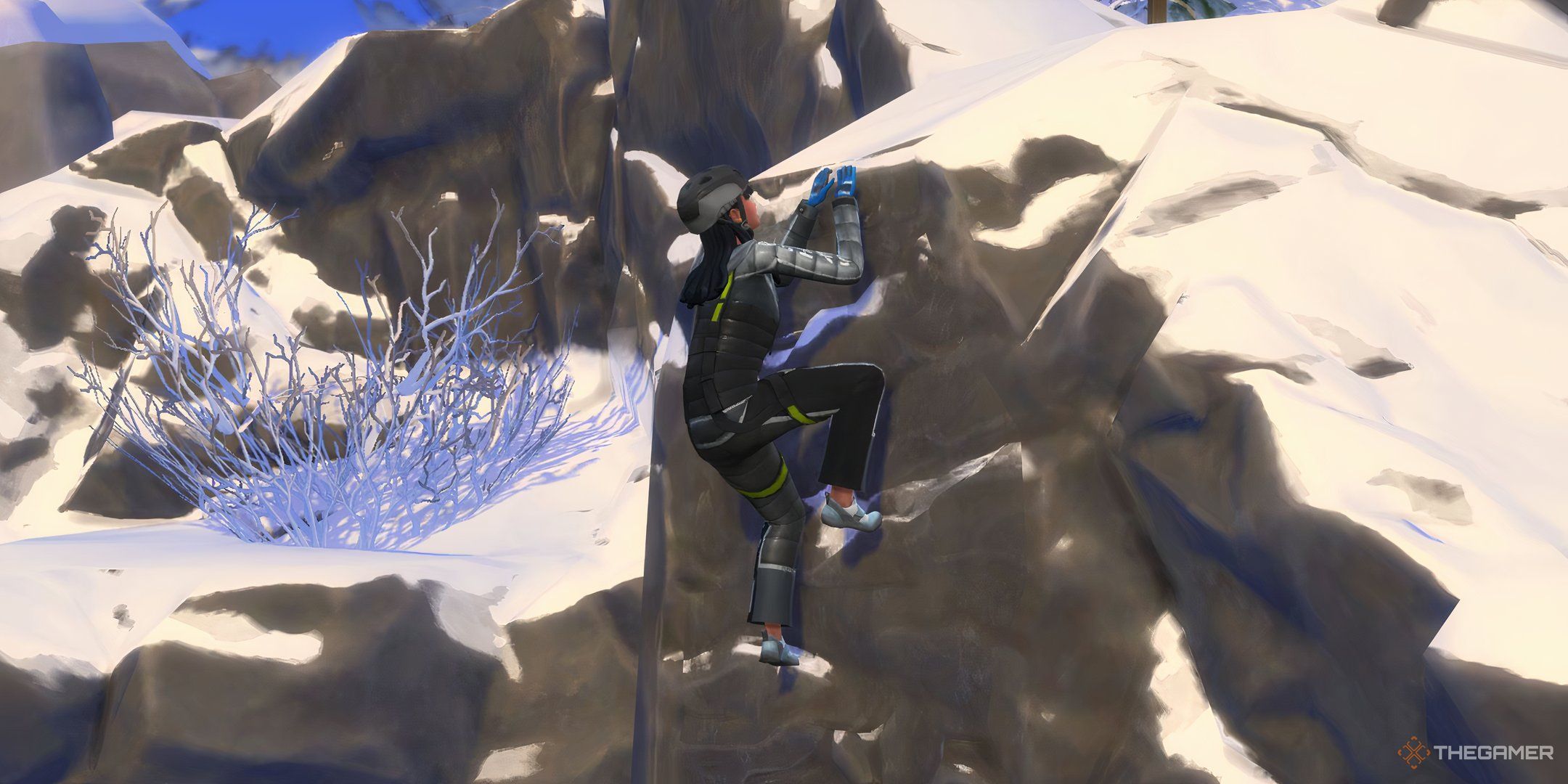 A Sim mountain climbing up a snowy cliff edge.