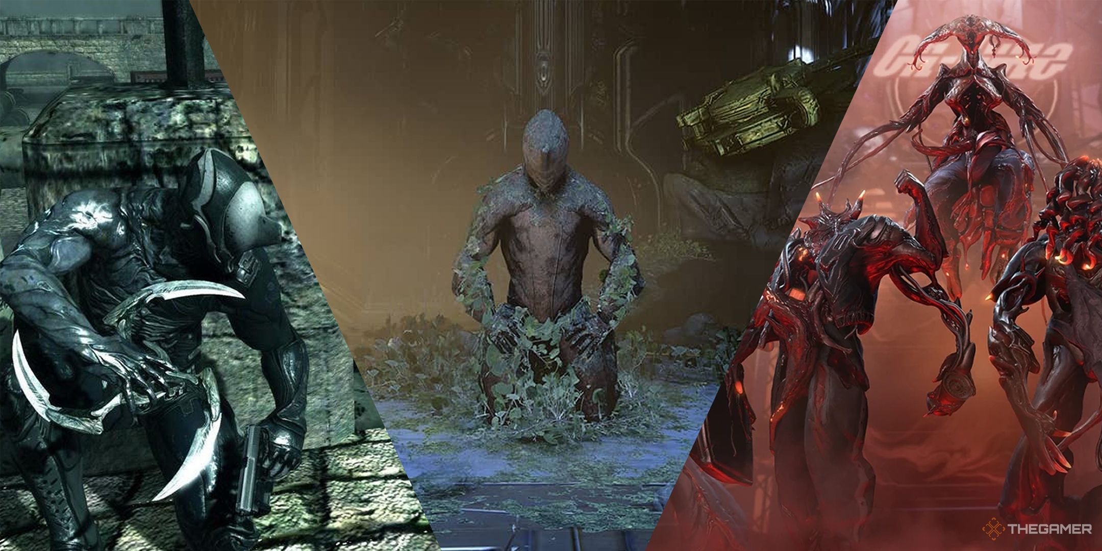 A split image depicting scenes from Dark Sector and Warframe.