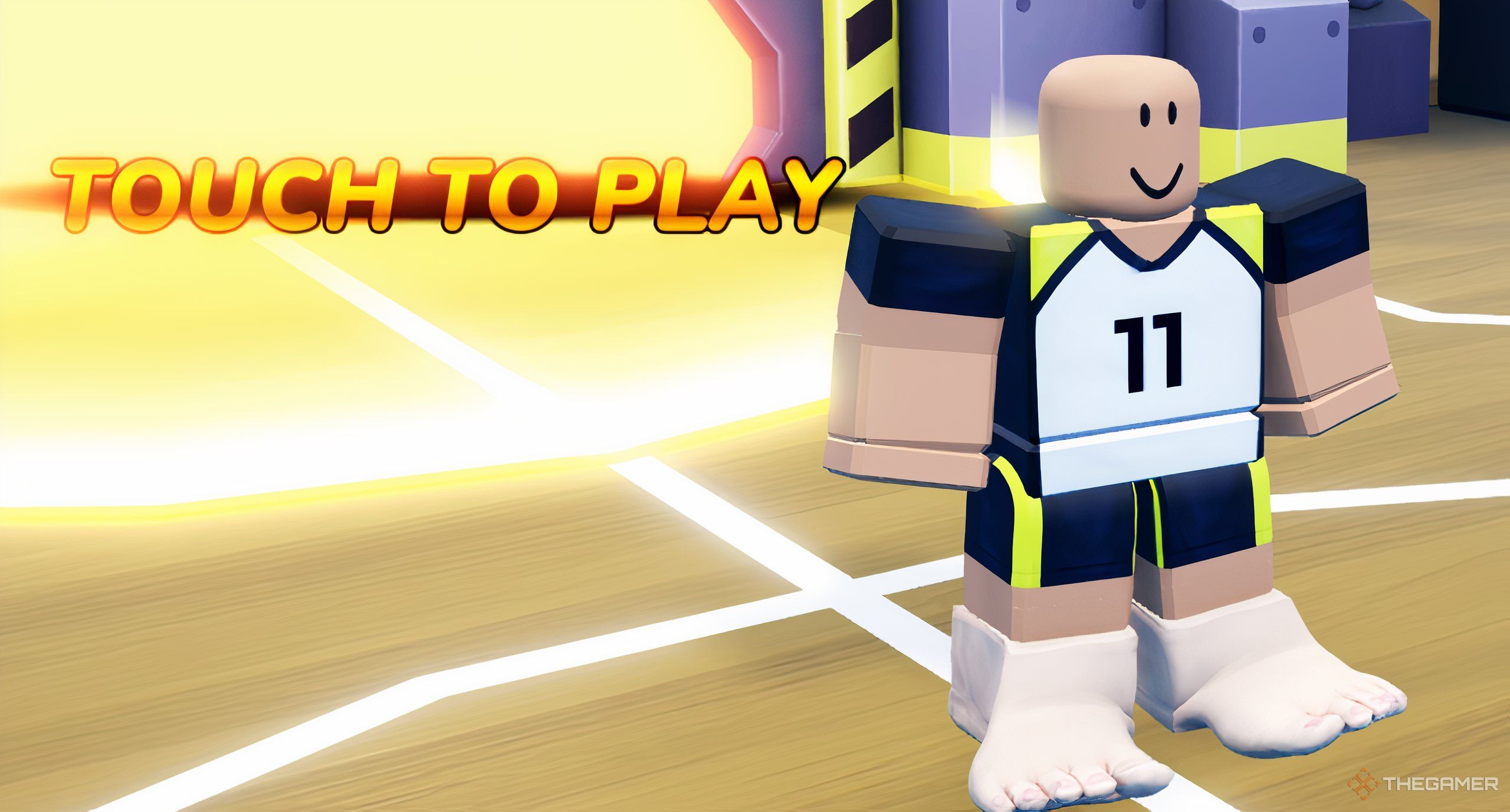 A player standing in front of the &ldquo;play area&rdquo; in Roblox: Volleyball Legends.