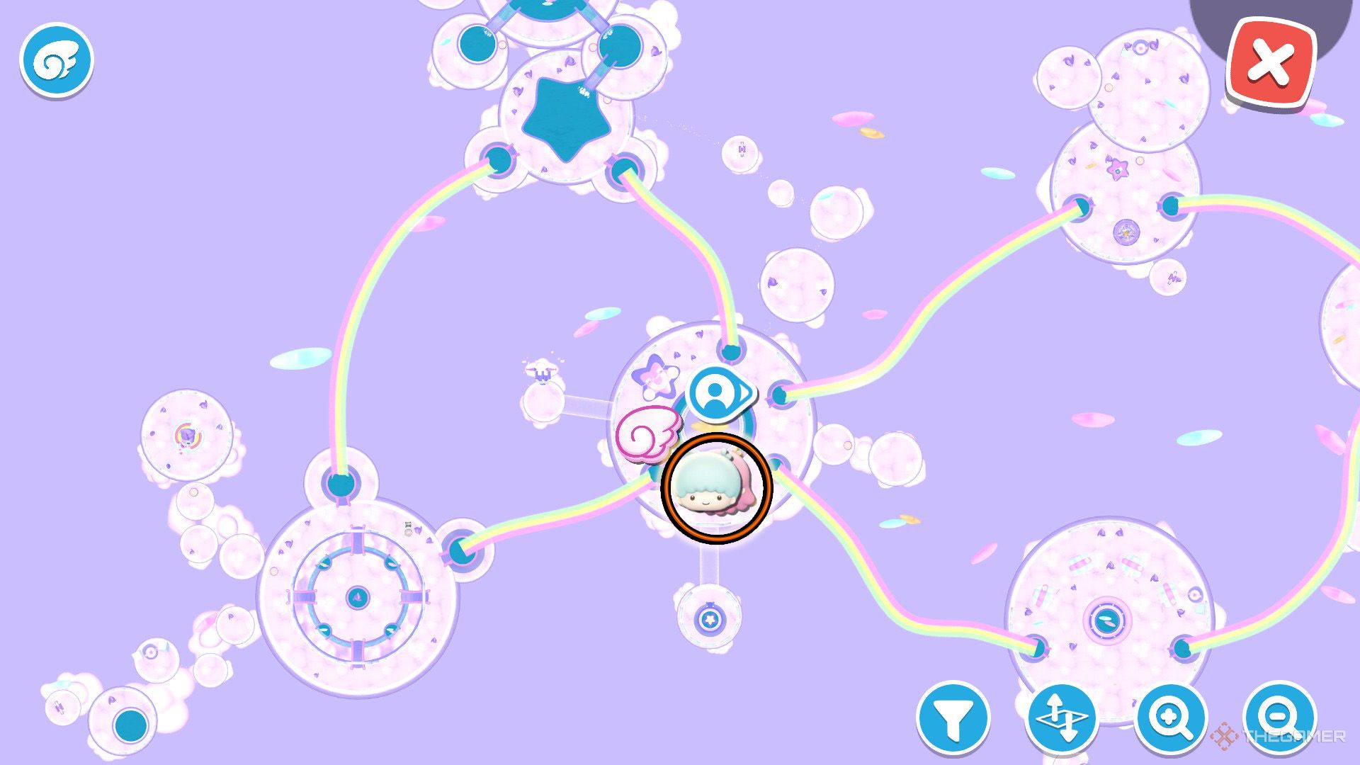 An orange circle shows the location of Kiki and Lala in Hello Kitty Island Adventure