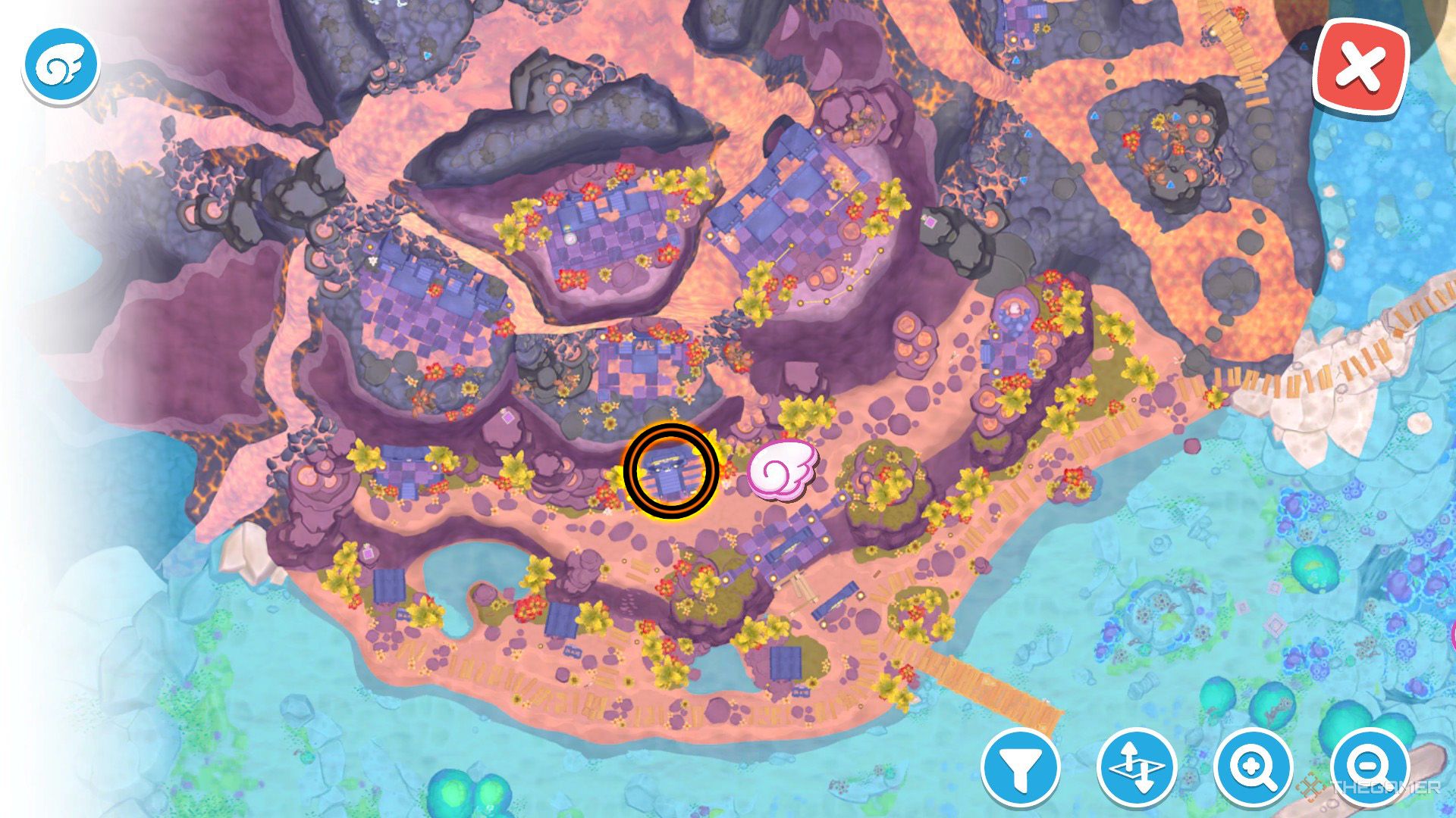An orange circle shows the location of the Red Hot Ruins in Hello Kitty Island Adventure
