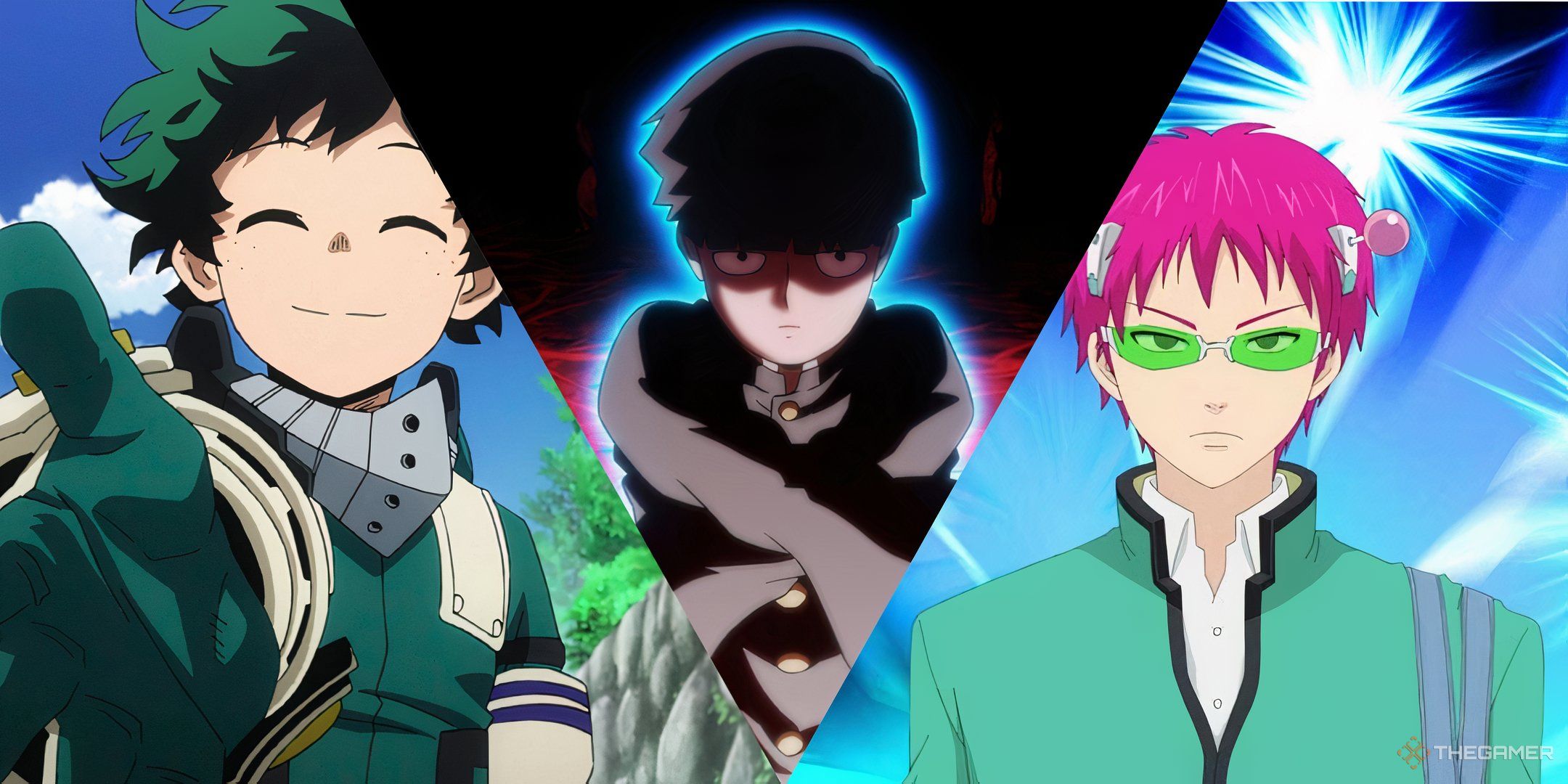 Kusuo Saiki, Deku, and Mob Kageyama all pictured in a collage format.