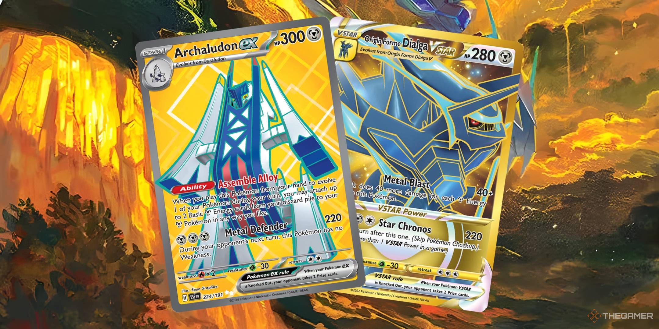 The Archaludon ex and Origin Forme Dialga VSTAR cards superimposed over Dialga.