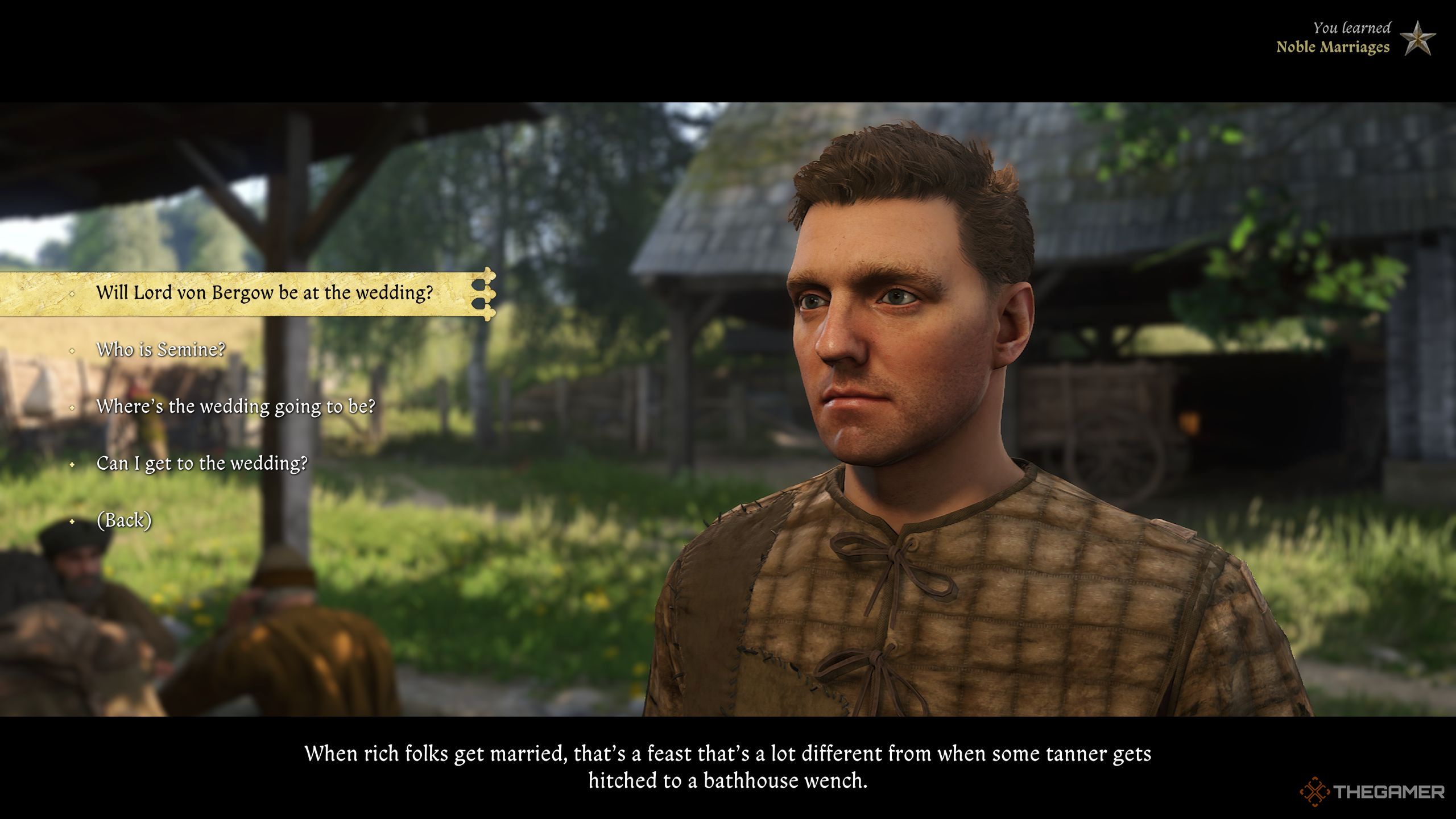 Henry asking the innkeeper about the wedding.