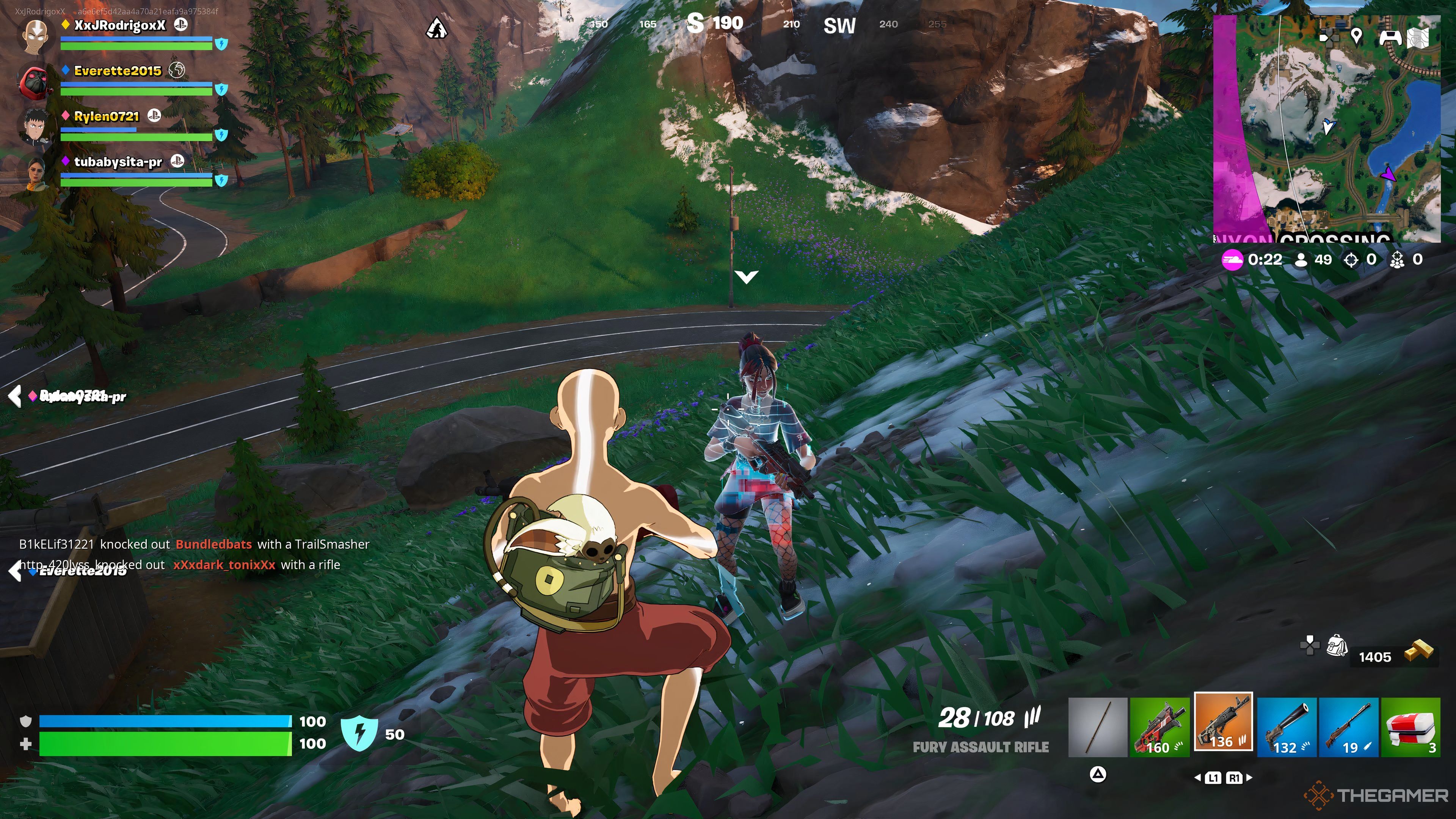 پوست آواتار آنگ در مقابل NPC Helsie ایستاده است که می تواند در Fortnite استخدام شود.