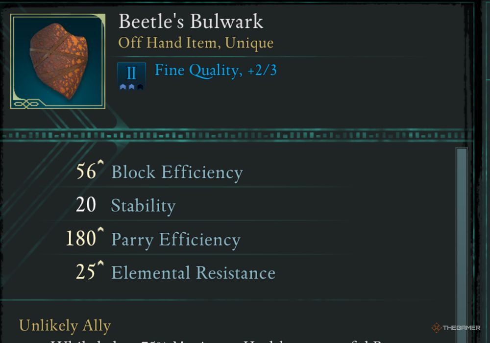 Avowed Beetle's Bulwark unique item description.