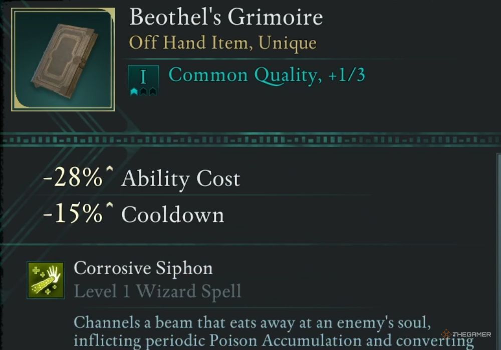 Avowed Beothel's Grimoire unique item description.