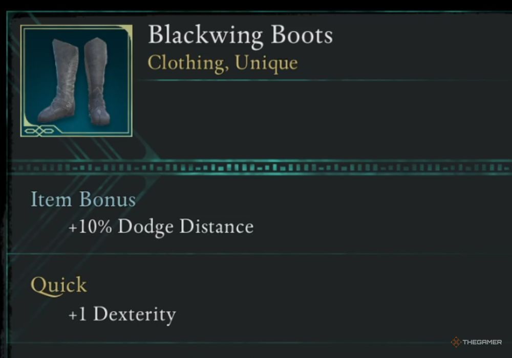 Avowed Blackwing Boots unique item description.