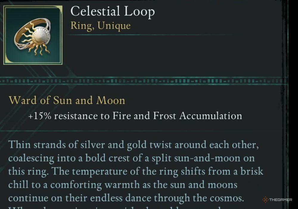 Avowed Celestial Loop unique item description.