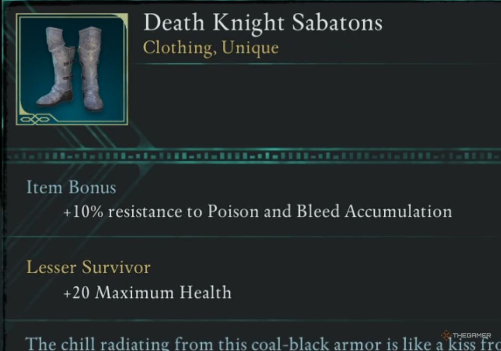 Avowed Death Knight Sabatons unique item description.