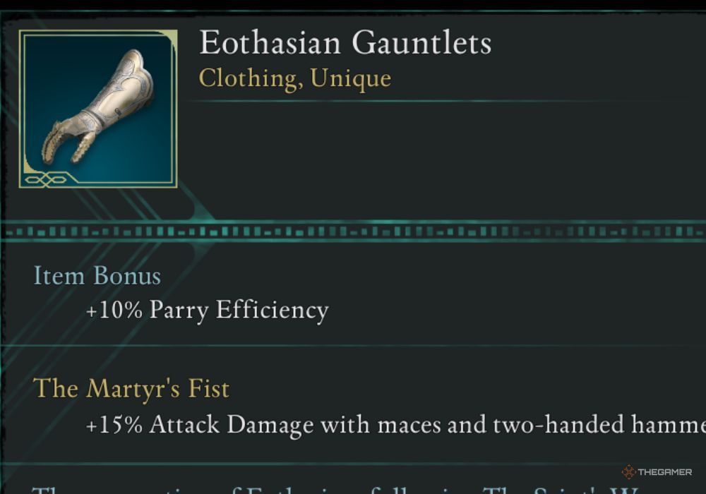 Avowed Eothasian Gauntlets unique item description.