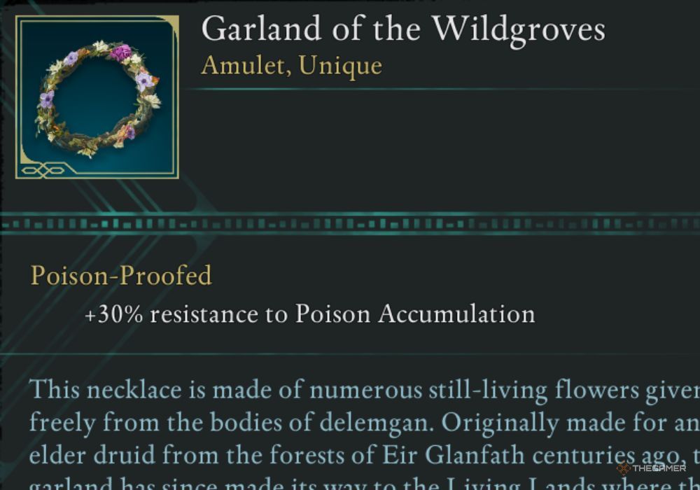 Avowed Garland of the Wildgroves unique item description.