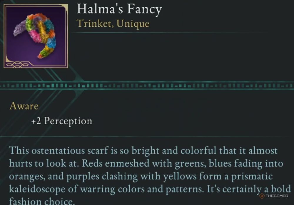 Avowed Halma's Fancy unique item description.