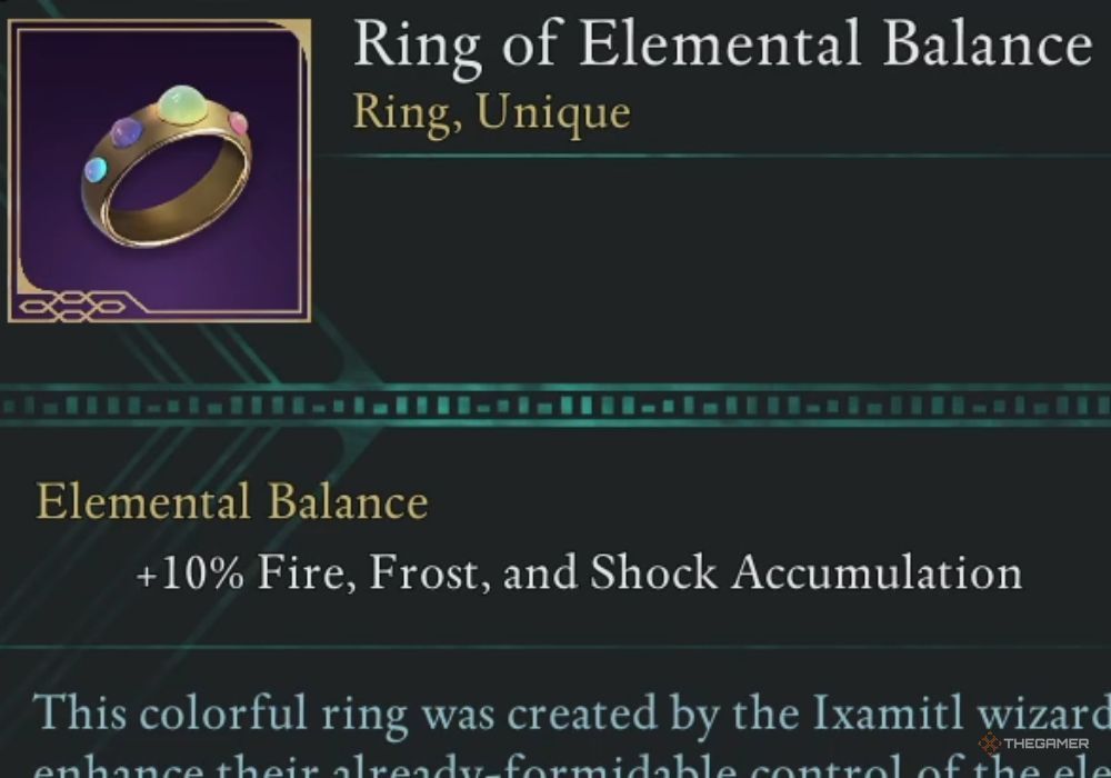 Avowed Ring of Elemental Balance unique item description